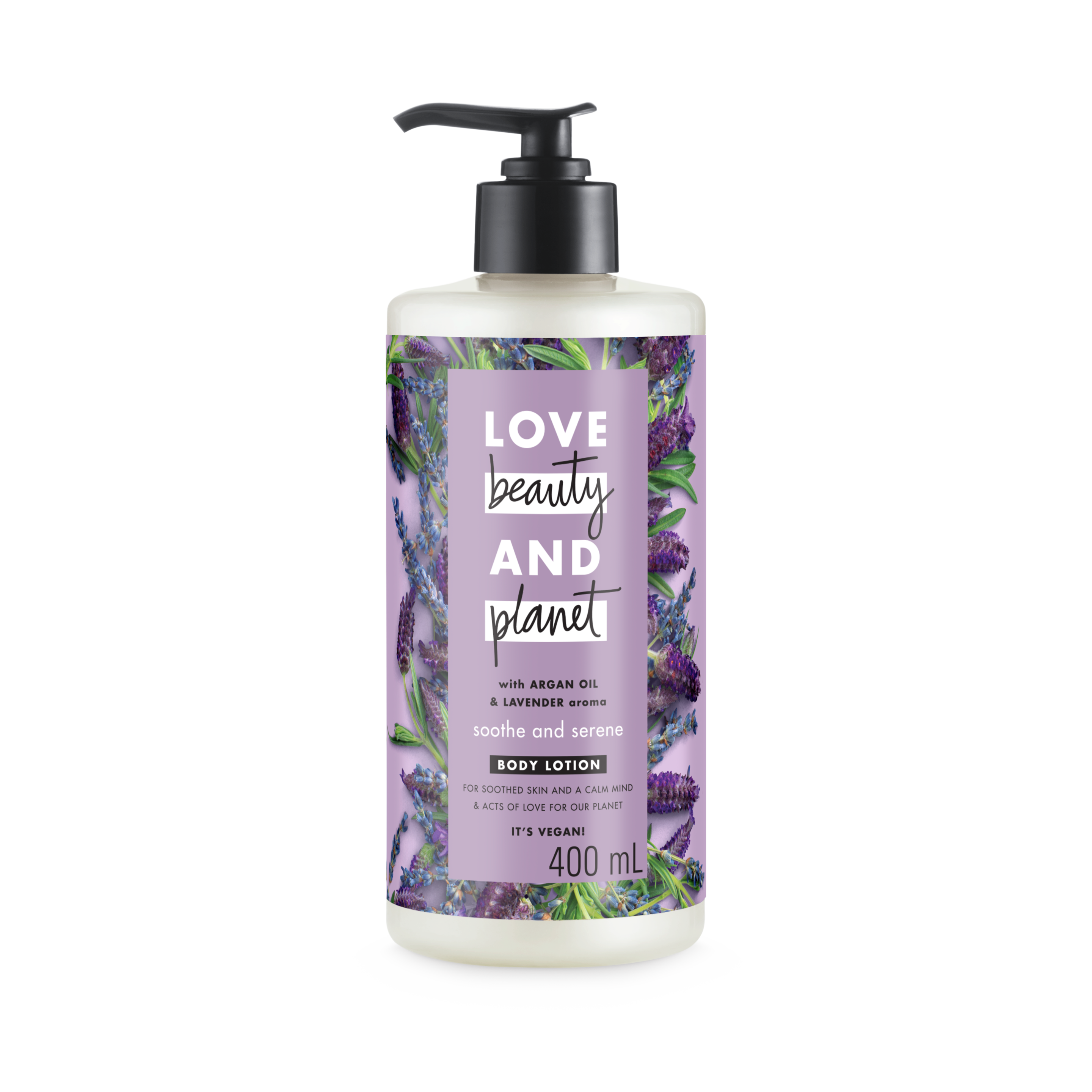 Bagian belakang kemasan Love Beauty and Planet Argan Oil & Lavender Body Lotion ukuran 400 ml Text