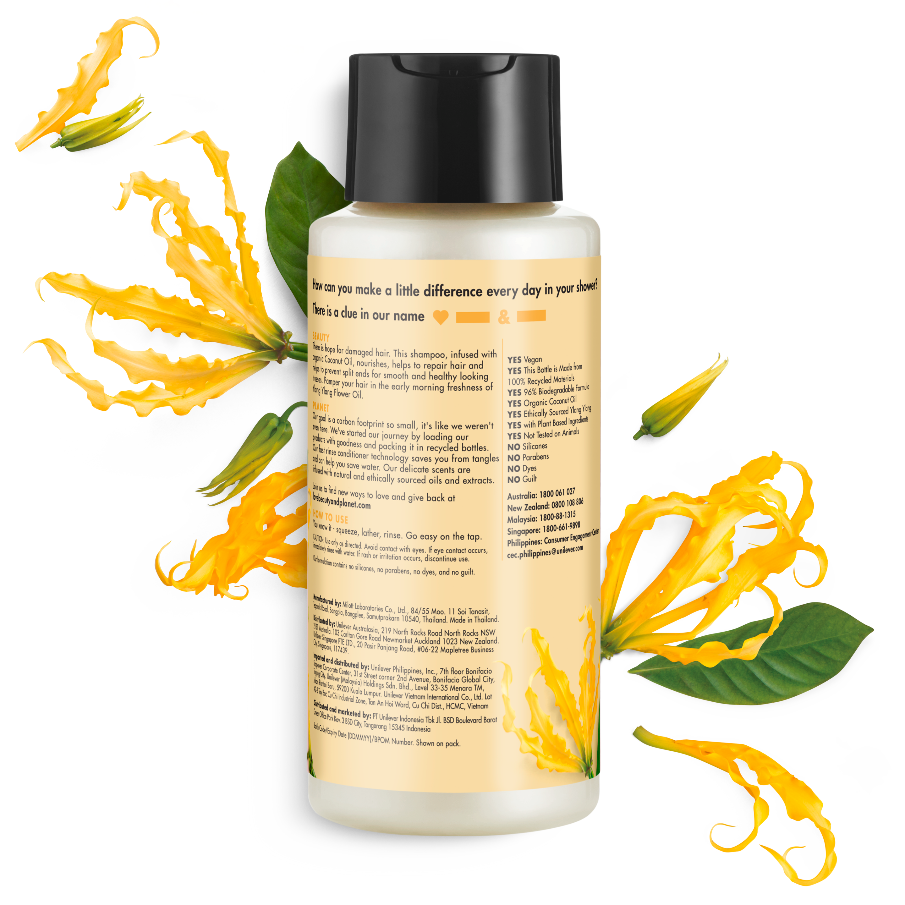 Back of shampoo pack Love Beauty Planet Coconut Oil & Ylang Ylang Shampoo Hope and Repair 13.5ml