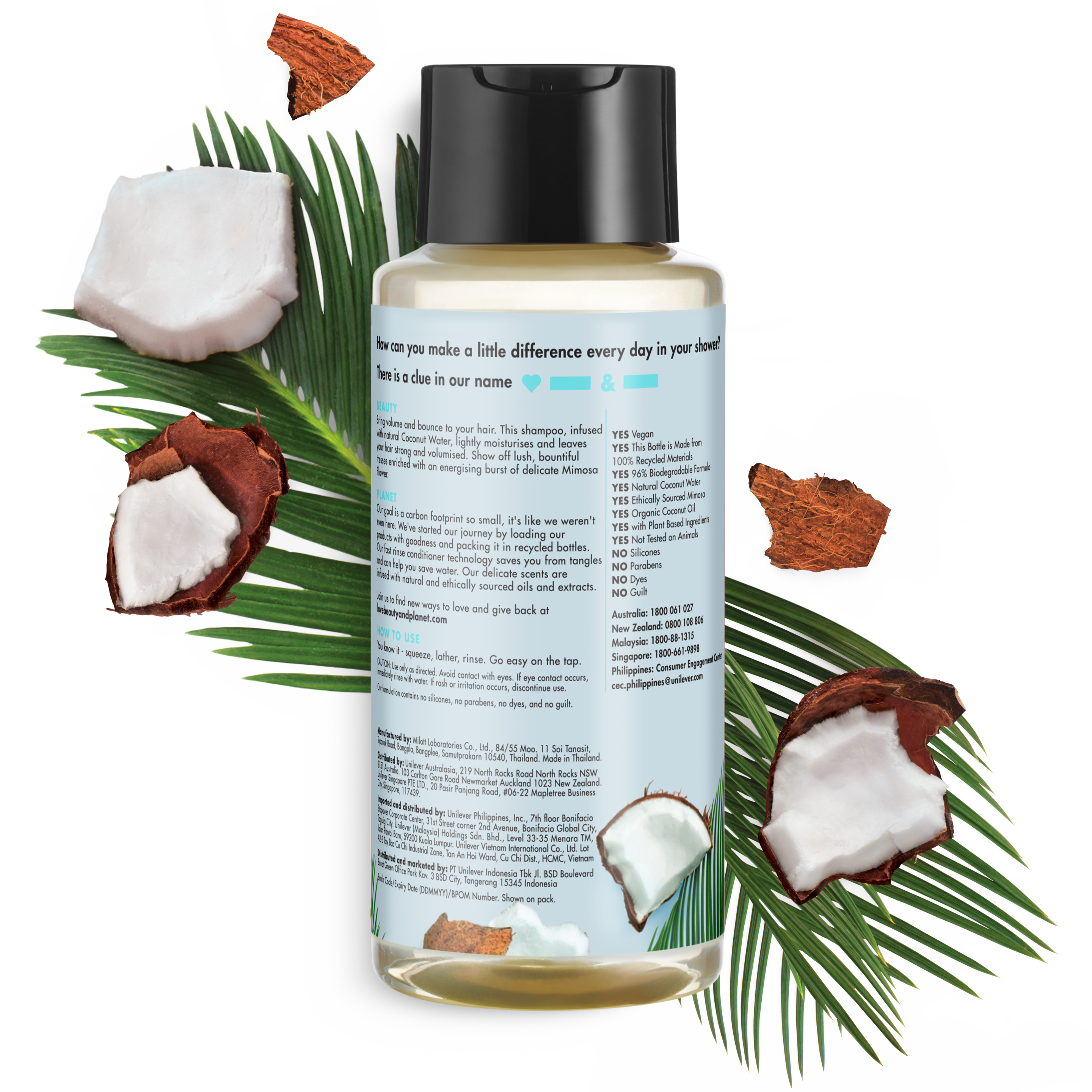 Back of shampoo pack Love Beauty Planet Coconut Water & Mimosa Flower Shampoo Volume & Bounty 13.5ml Text