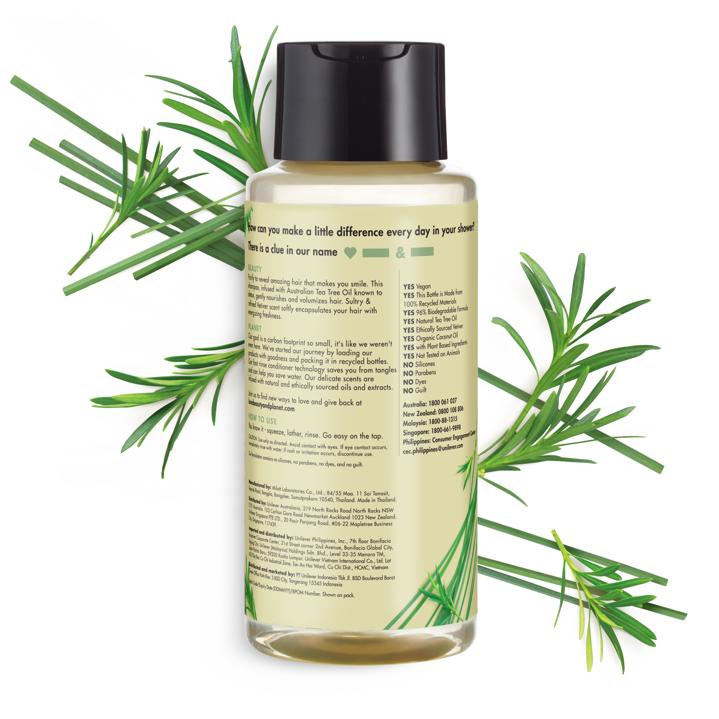 Back of shampoo pack Love Beauty Planet Tea Tree Oil & Vetiver Shampoo Radical Refresher 13.5ml