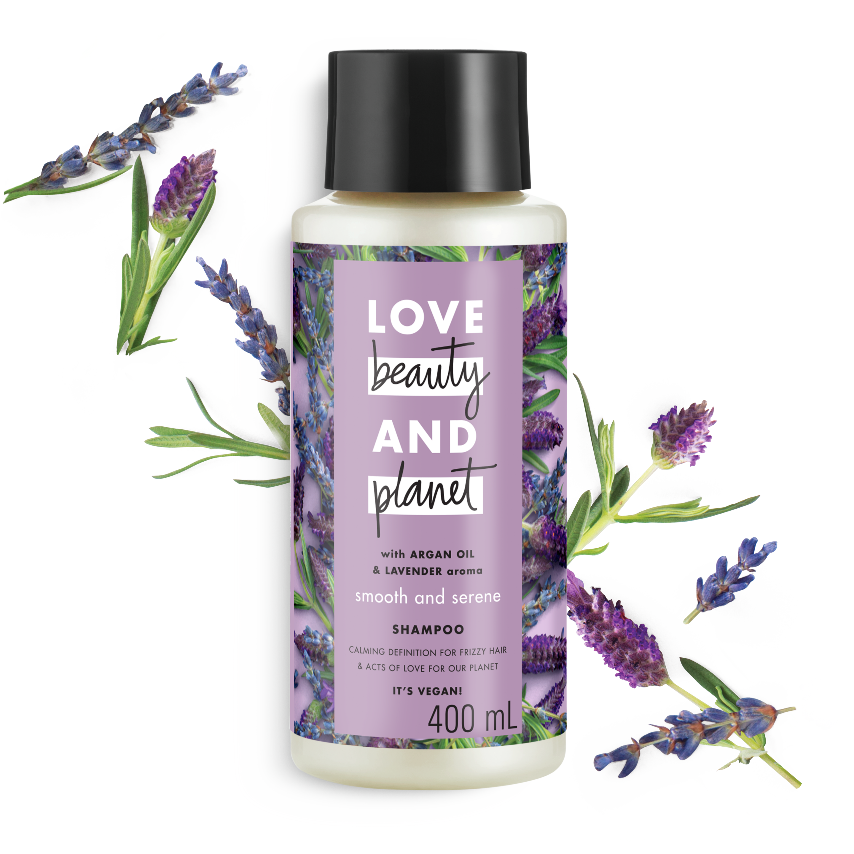Tampak depan kemasan Love Beauty and Planet Argan Oil & Lavender Shampoo ukuran 400 ml Text