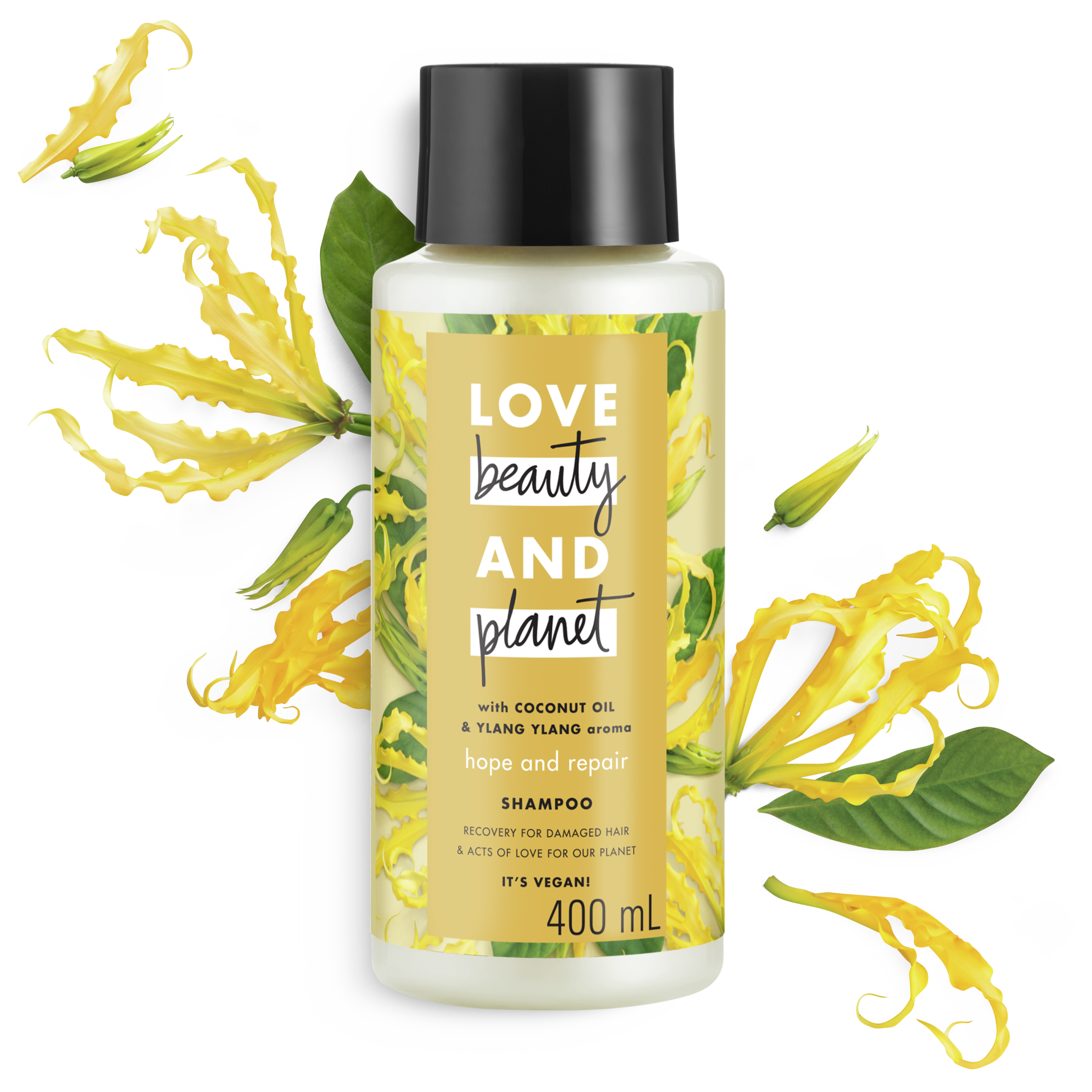 Front of shampoo pack Love Beauty Planet Coconut Oil & Ylang Ylang Shampoo Hope and Repair 13.5ml