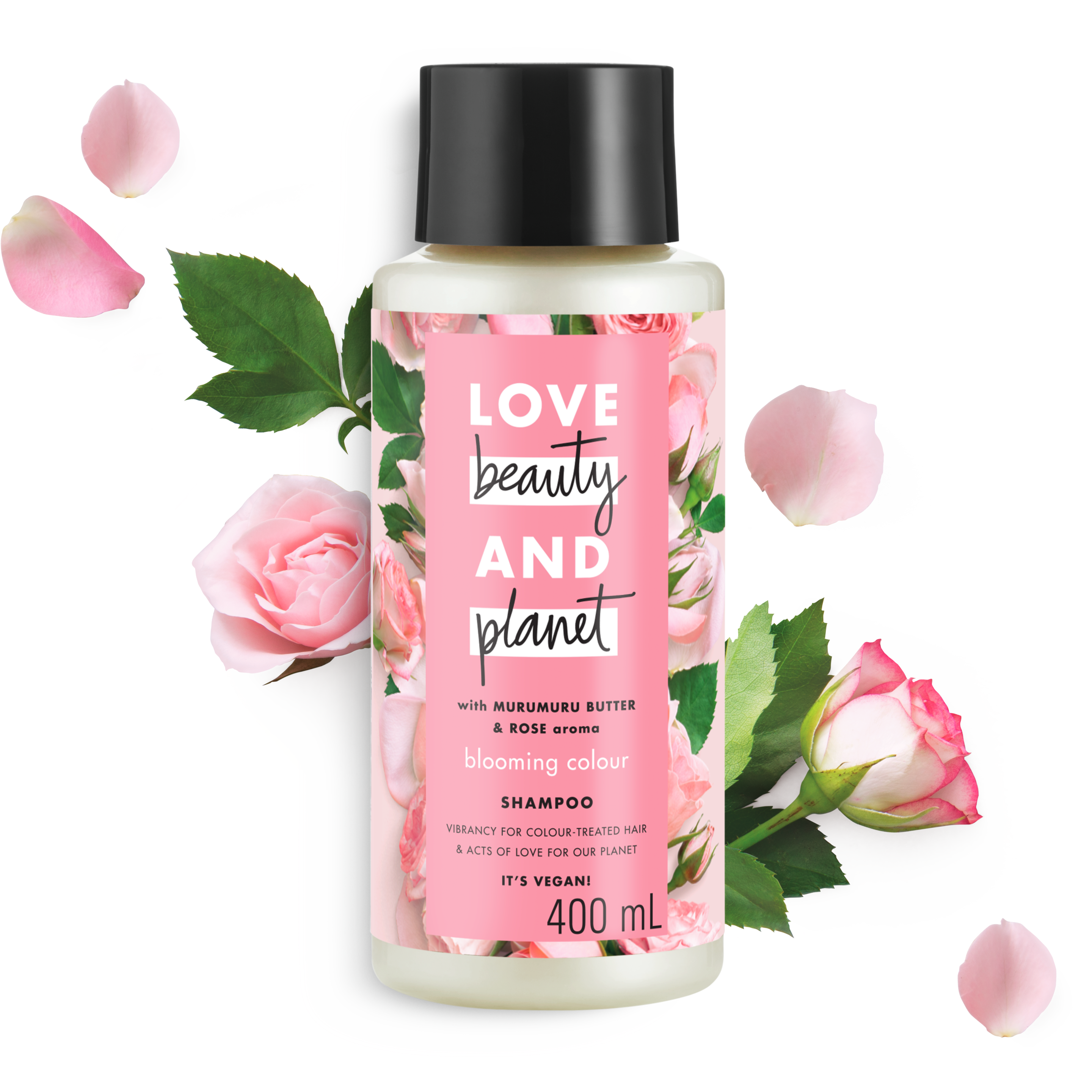 Tampak depan kemasan Love Beauty and Planet Murumuru Butter & Rose Shampoo ukuran 400 ml Text