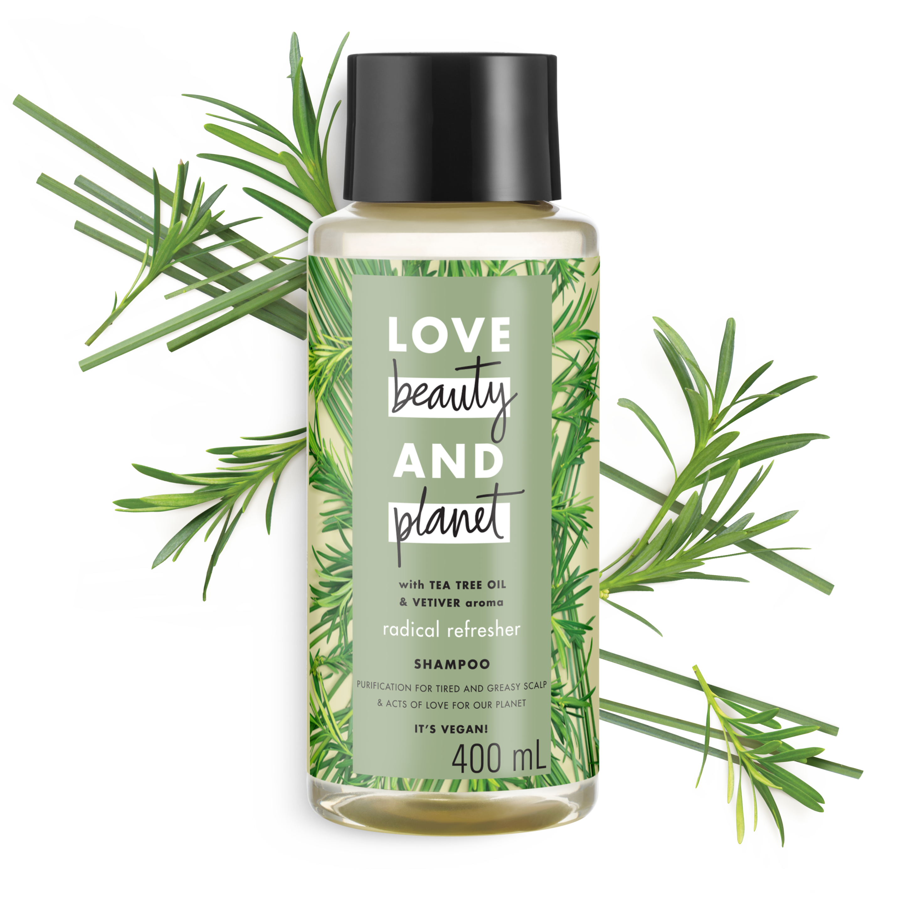 Tampak depan kemasan Love Beauty and Planet Tea Tree Oil & Vetiver Shampoo ukuran 400 ml Text