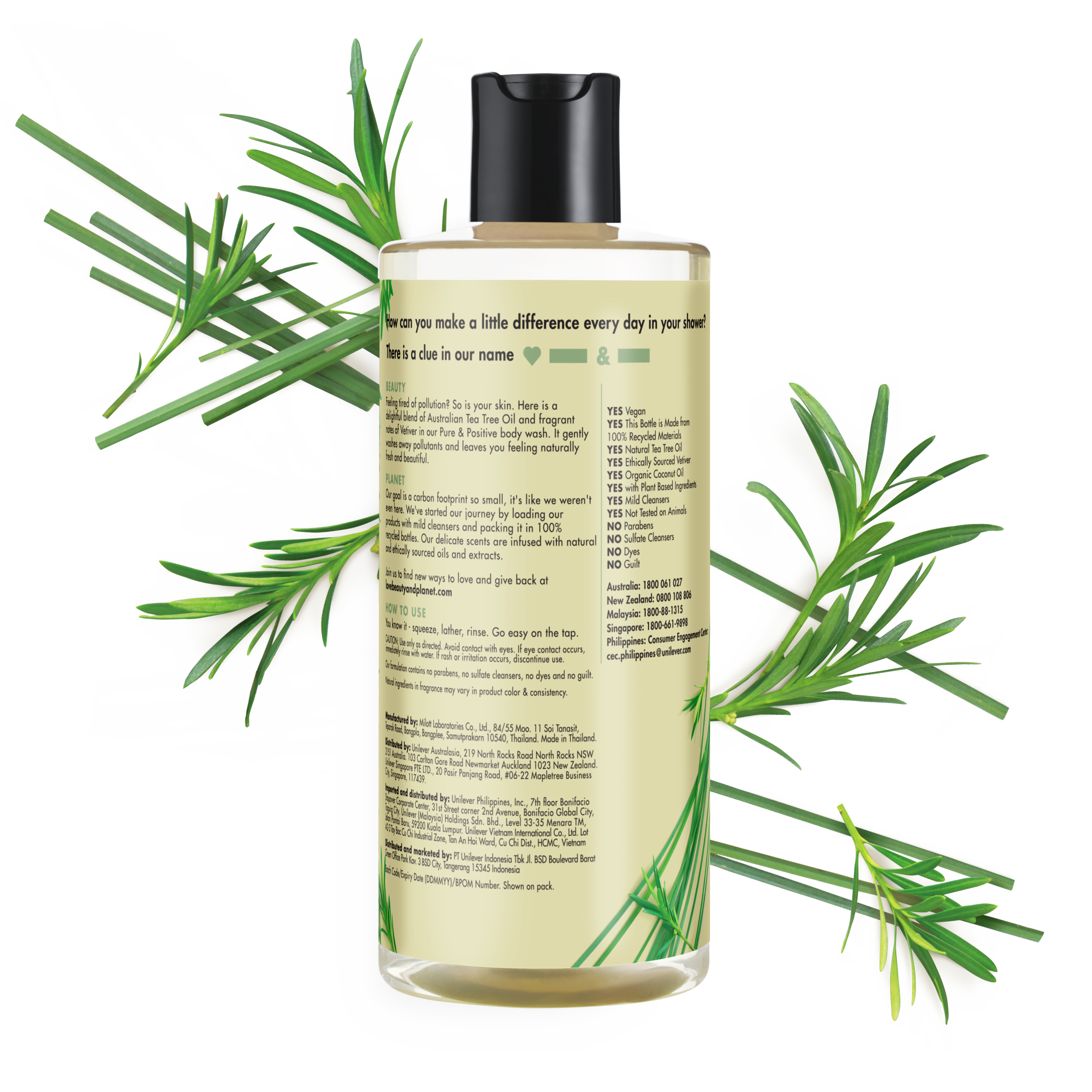 Back of body wash pack Love Beauty Planet Tea Tree & Vetiver Body Wash Daily Detox 16ml