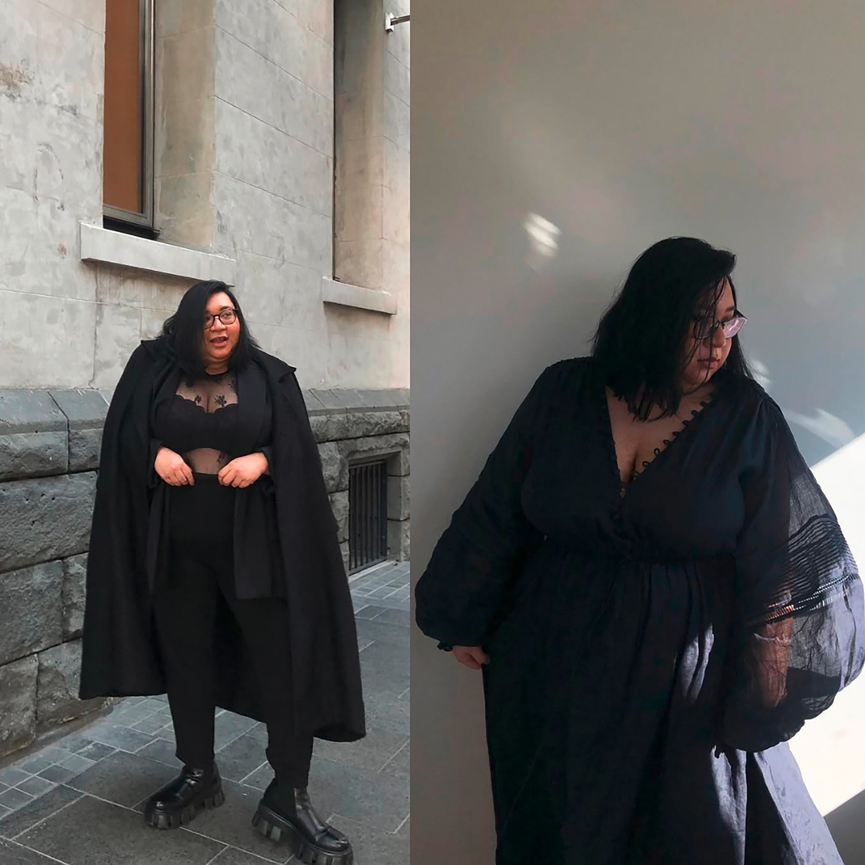 Plus-size woman in black formal attire.