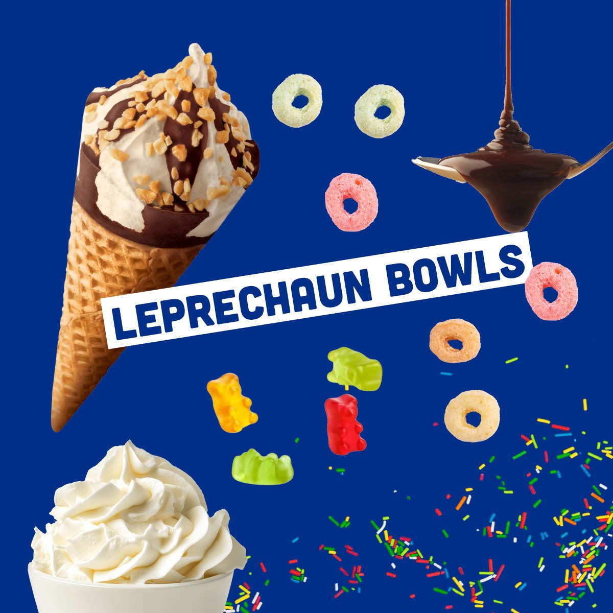 Klondike vanilla cones, whipped cream, sprinkles and gummy bears