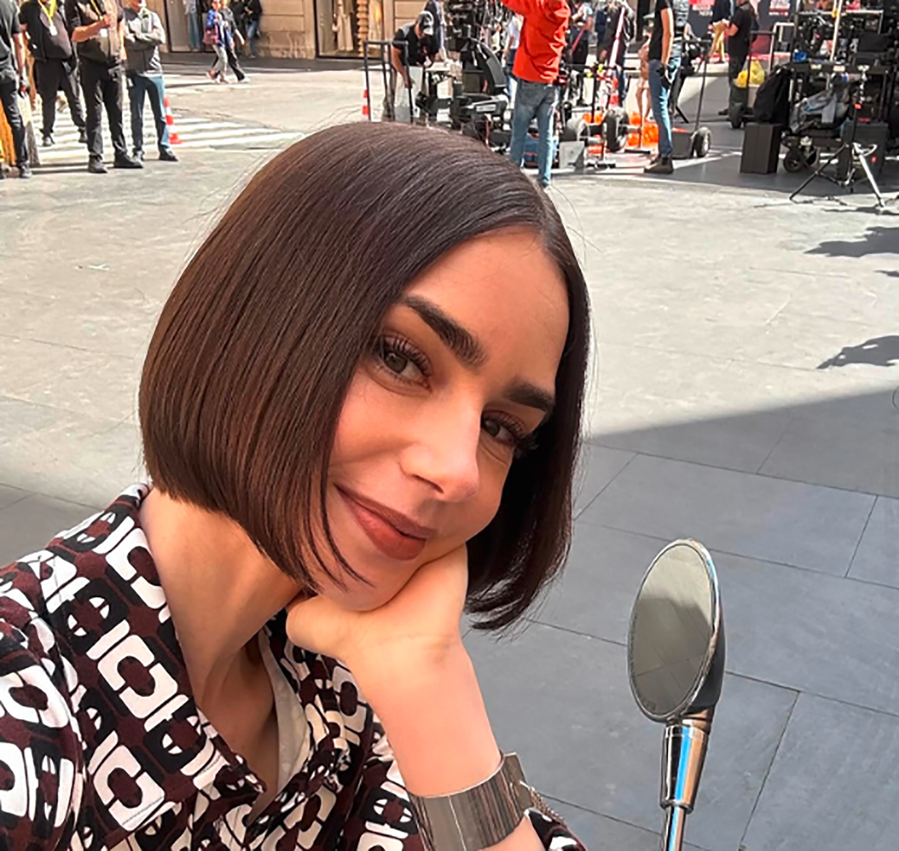 An American actress with a dark brown chin-length bob.