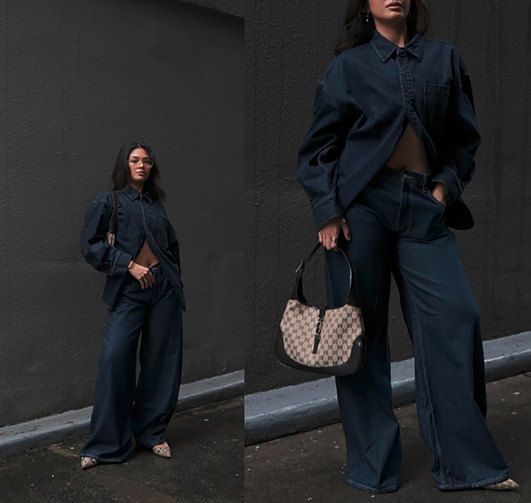 Woman in a denim top and denim trousers.
