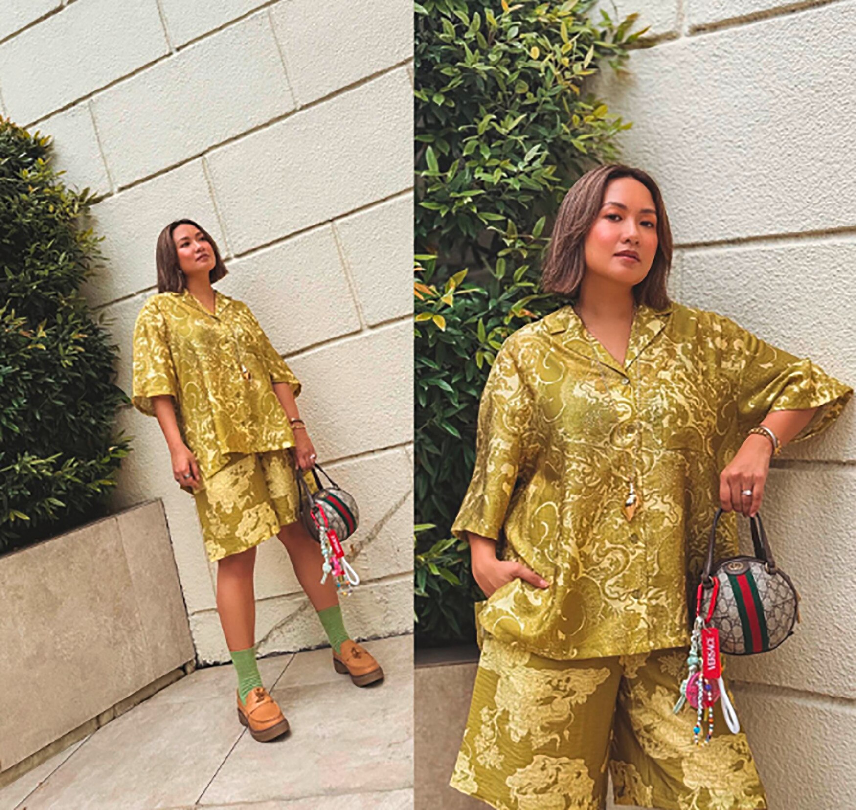 Woman wearing a matching scarf-print top and bottom.