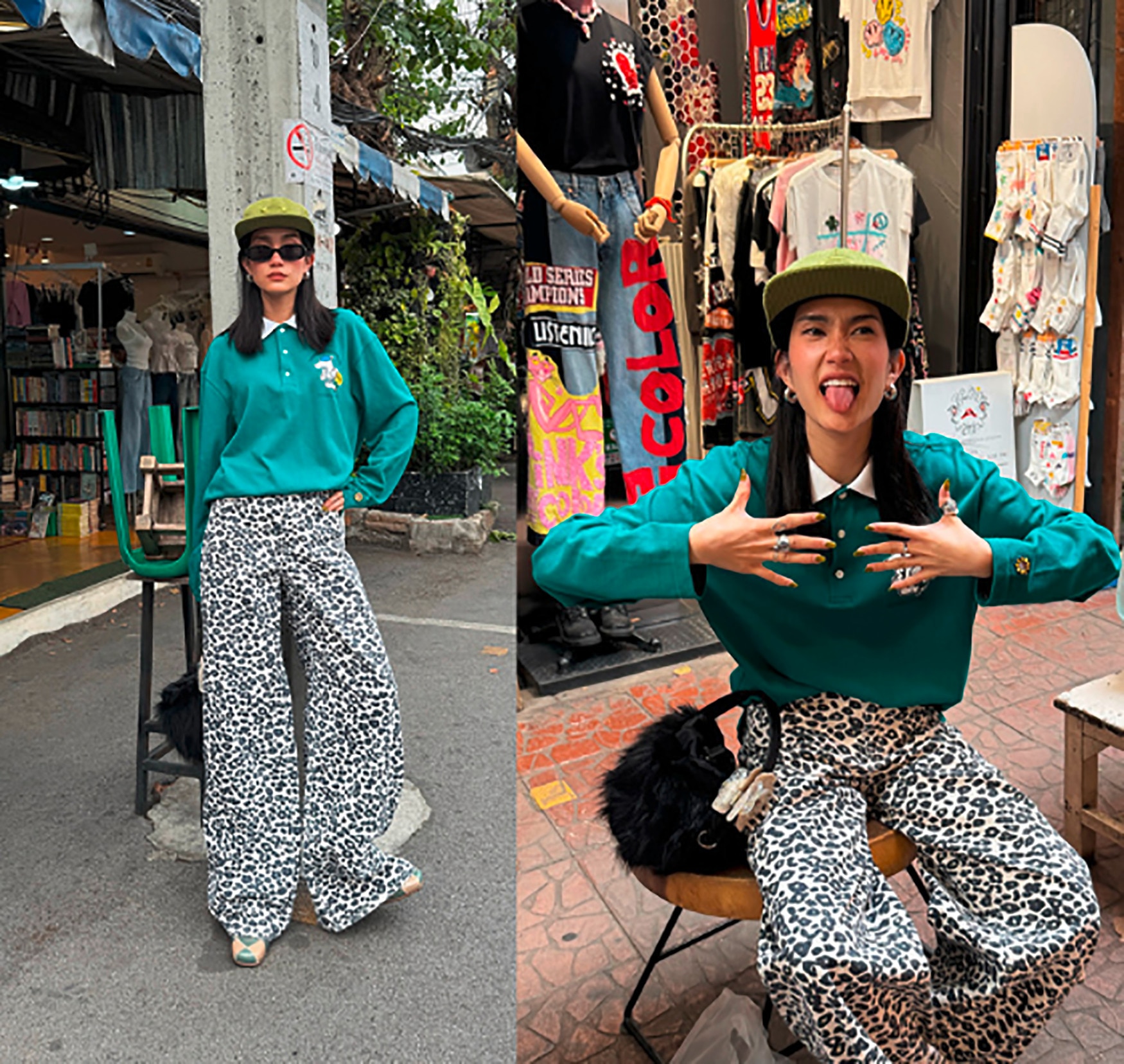 Woman wearing animal print pants with fun accessories.