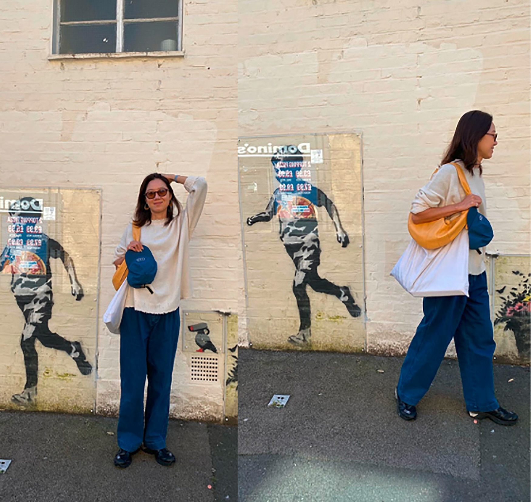 Woman in plain top, blue jeans, and mustard bag.