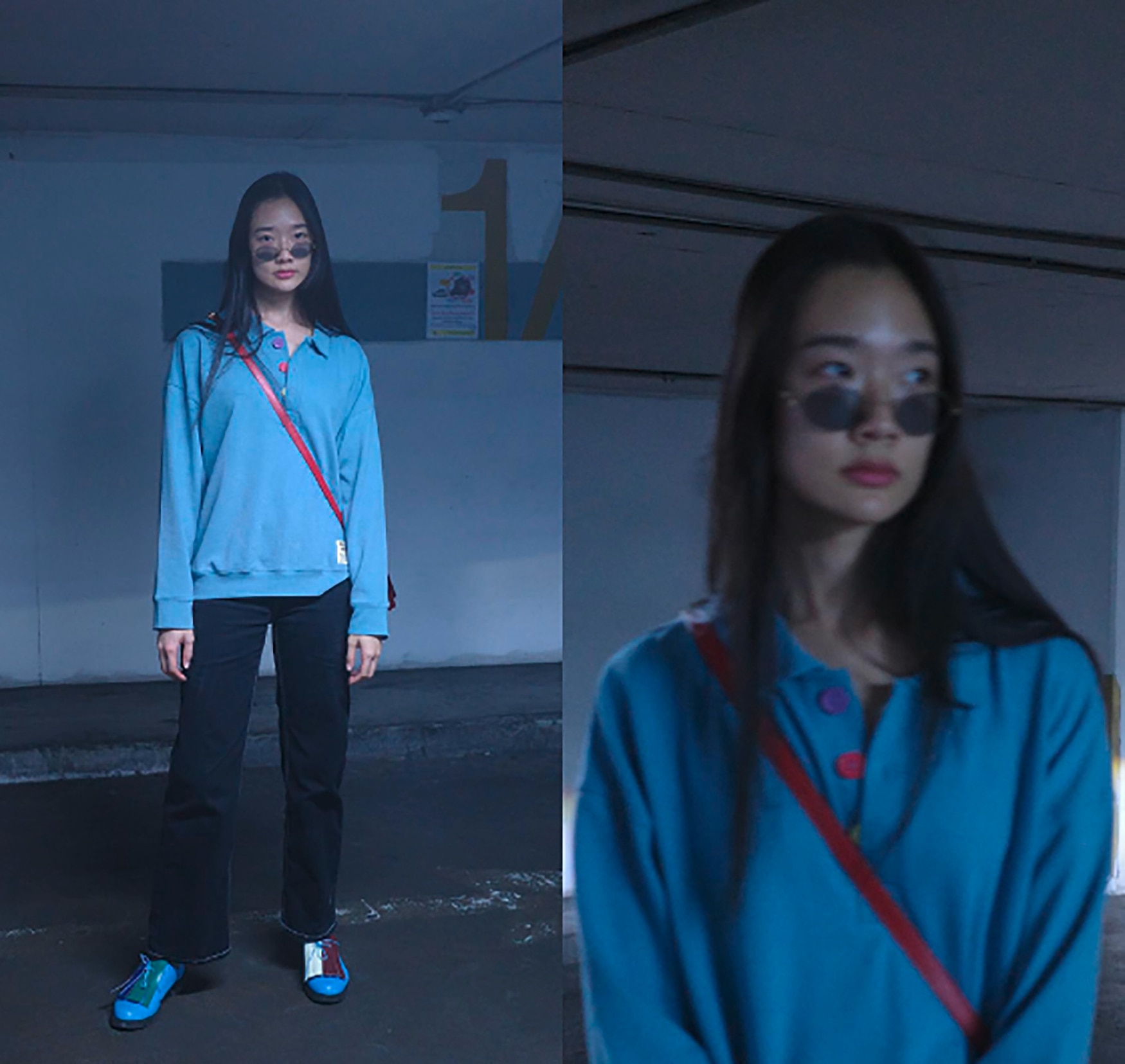 Woman in an all-blue outfit.