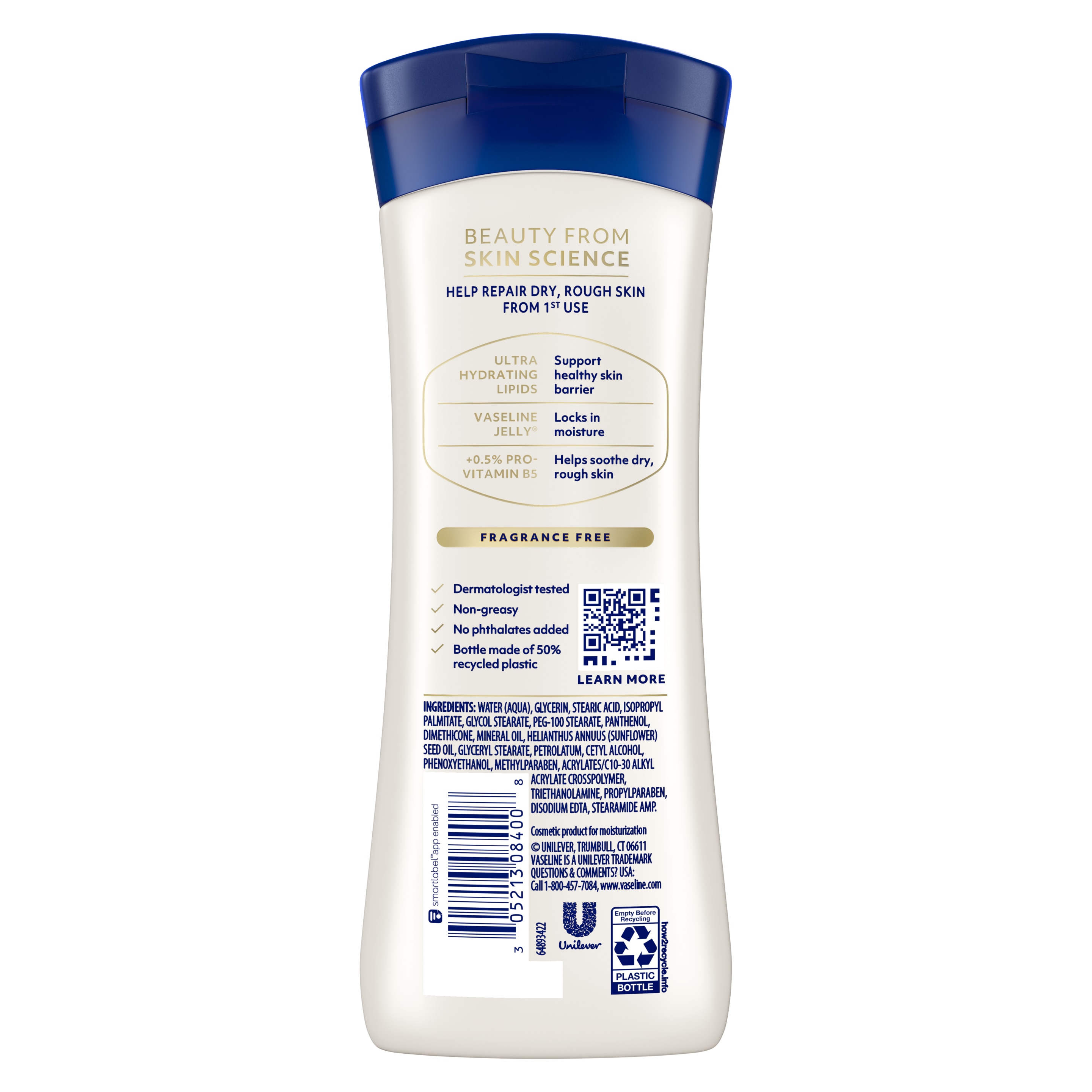 Vaseline® Intensive Care™ Advanced Repair Unscented Lotion back of pack