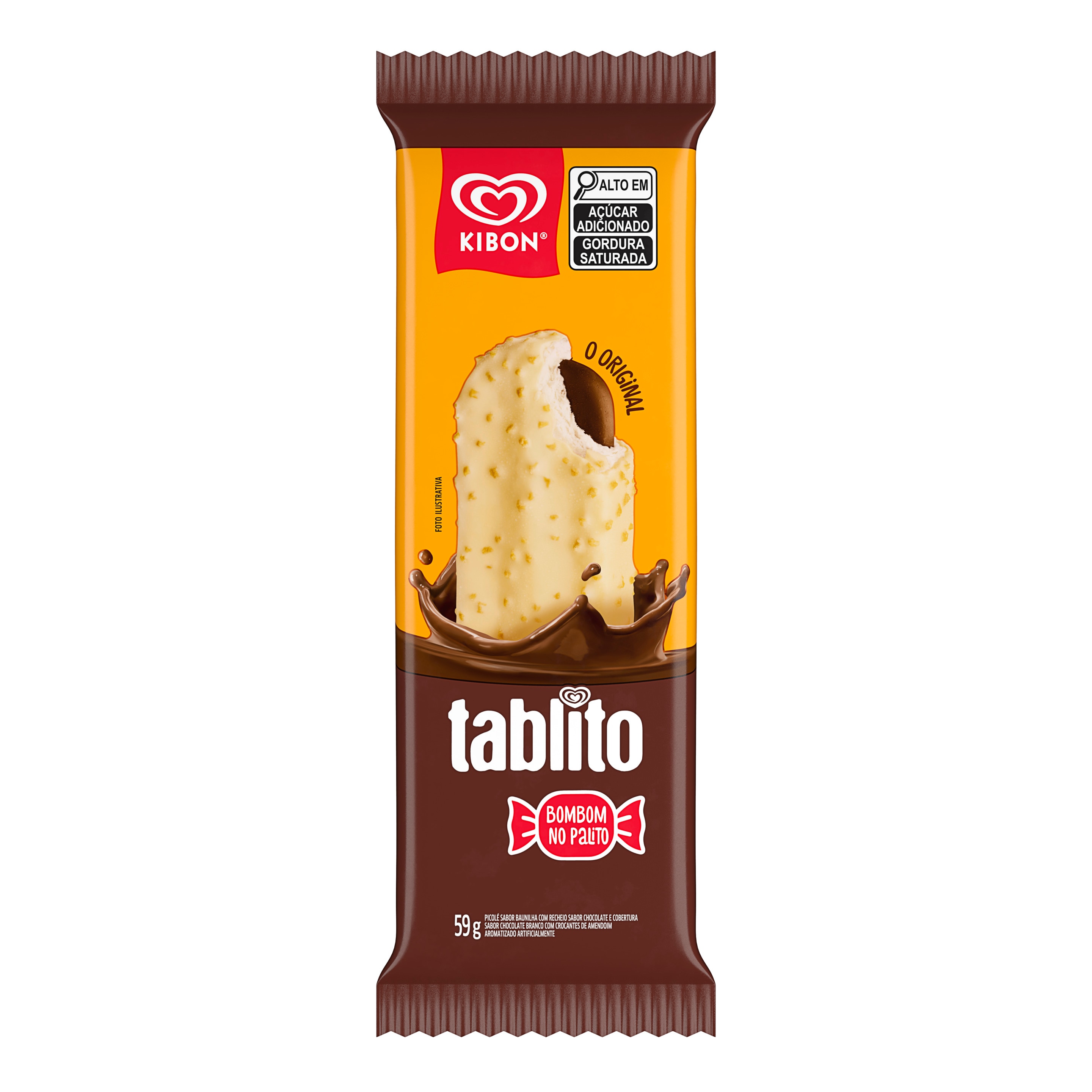 Picolé Tablito com recheio de chocolate despotando de uma mordida na ponta packshot