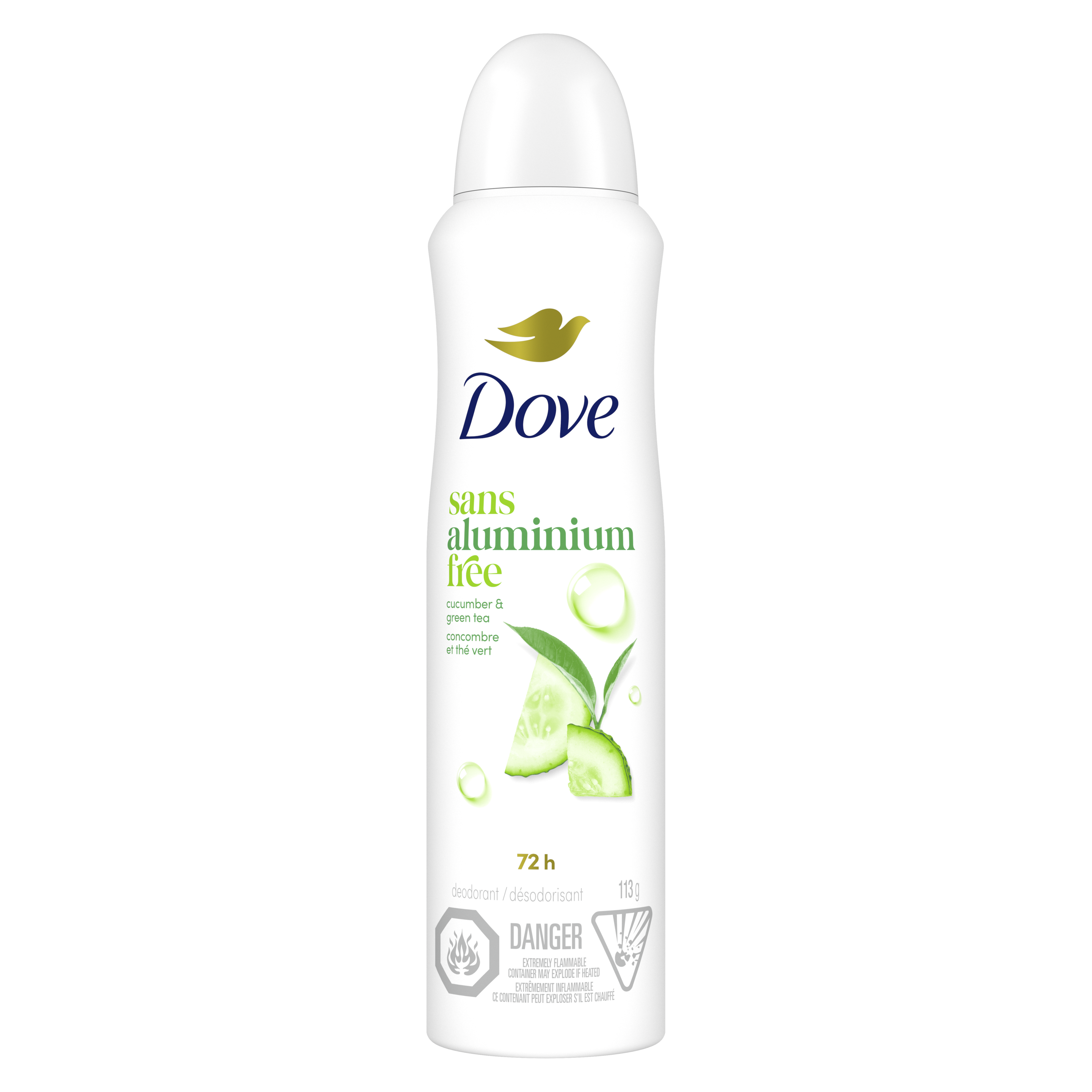 Dove 0% Aluminum Free Whole Body Deodorant Dry Spray Cucumber & Green Tea Scent 113g packshot