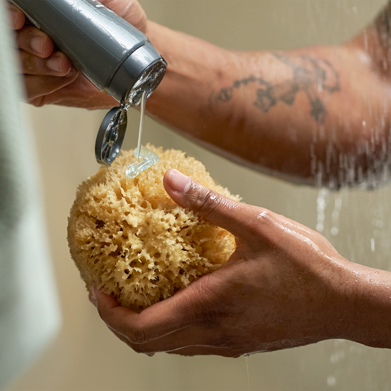 Male hand squeezing Dove body wash onto a sponge in the shower