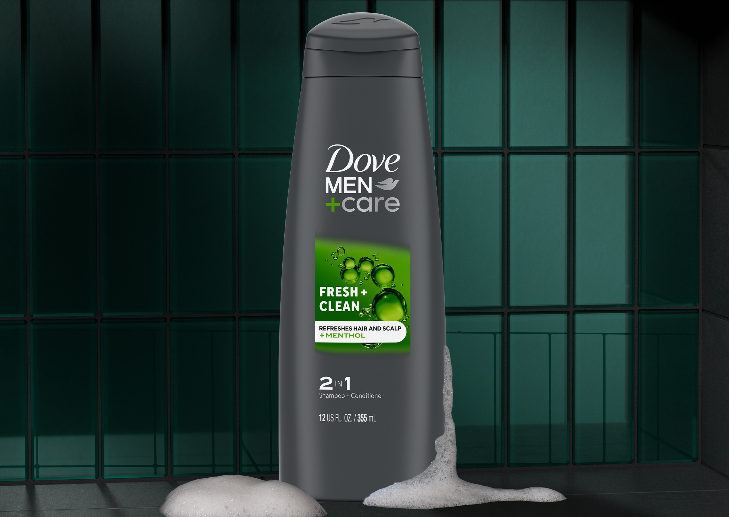 Dove Men+Care Clean and Fresh Shampoo pack standing against a dark background