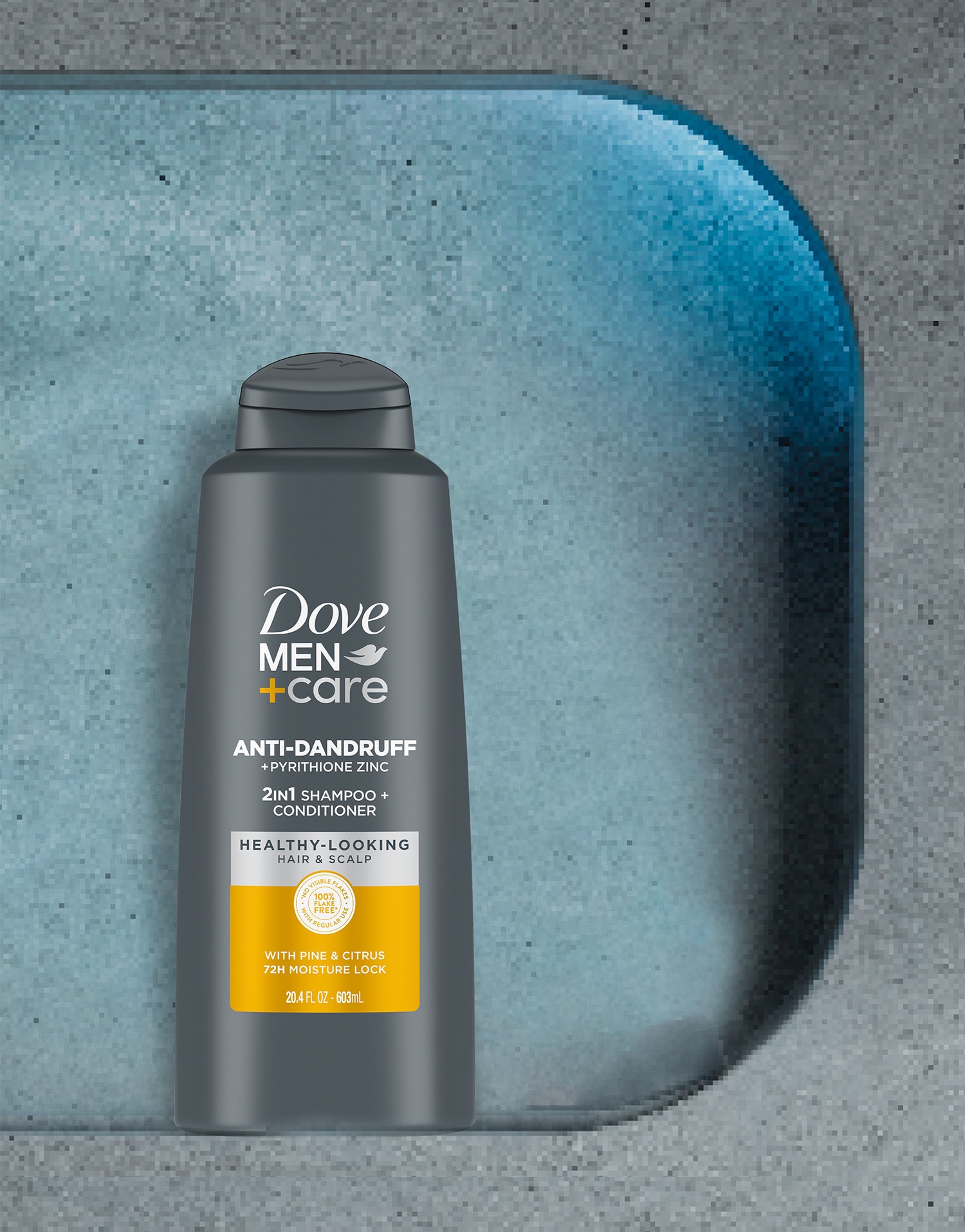 Dove Men+Care anti dandruff shampoo bottle on a dark gray bathroom shelf