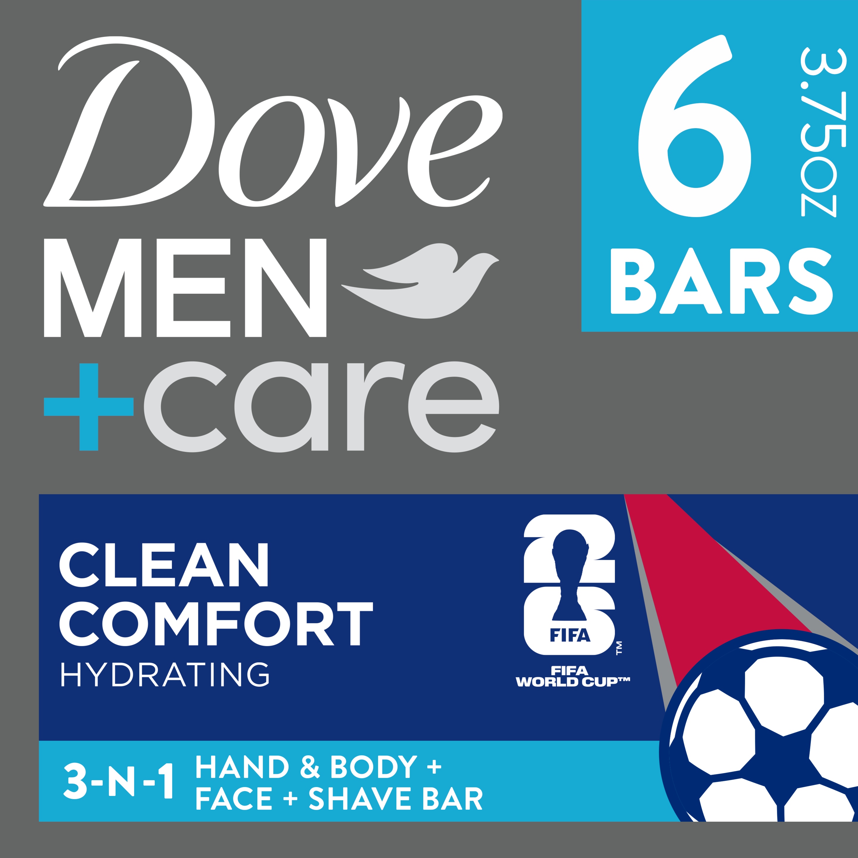 Dove Men+Care Clean Comfort Body and Face Bar 3.75 oz 6pk packshot