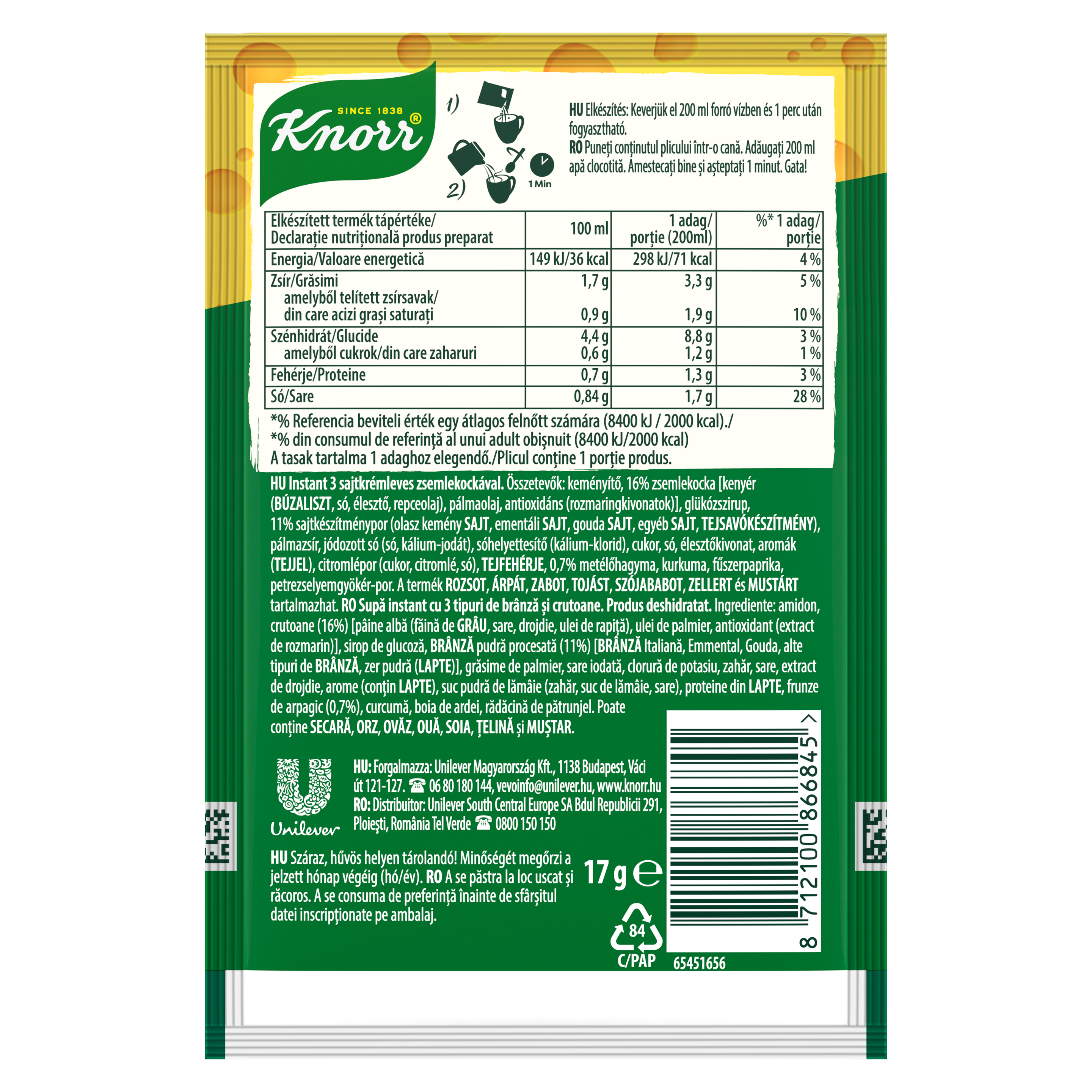 Knorr Bögrés 3 sajtos krémleves zsemlekockával