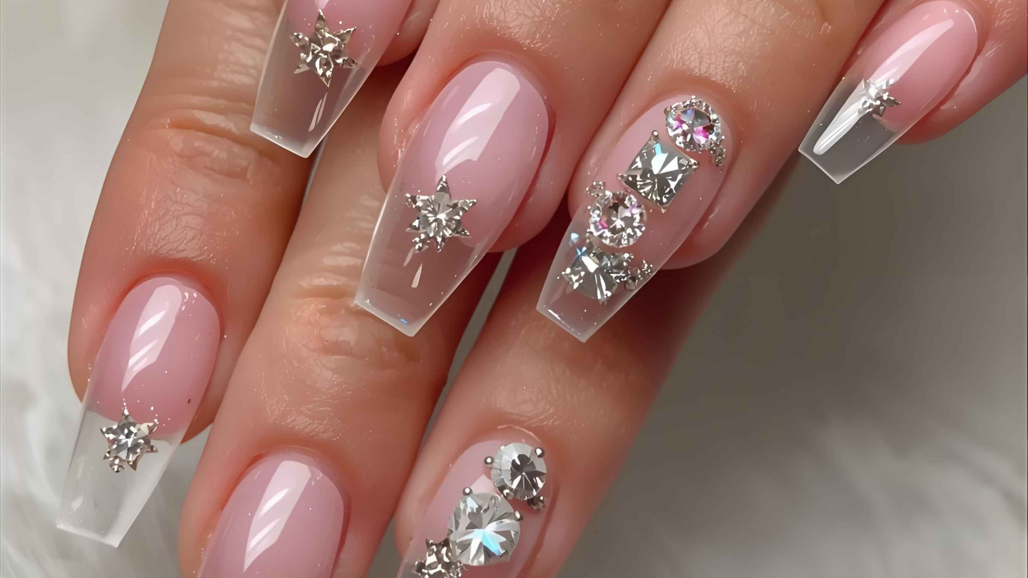 23. Transparent Nails with Gem Studs