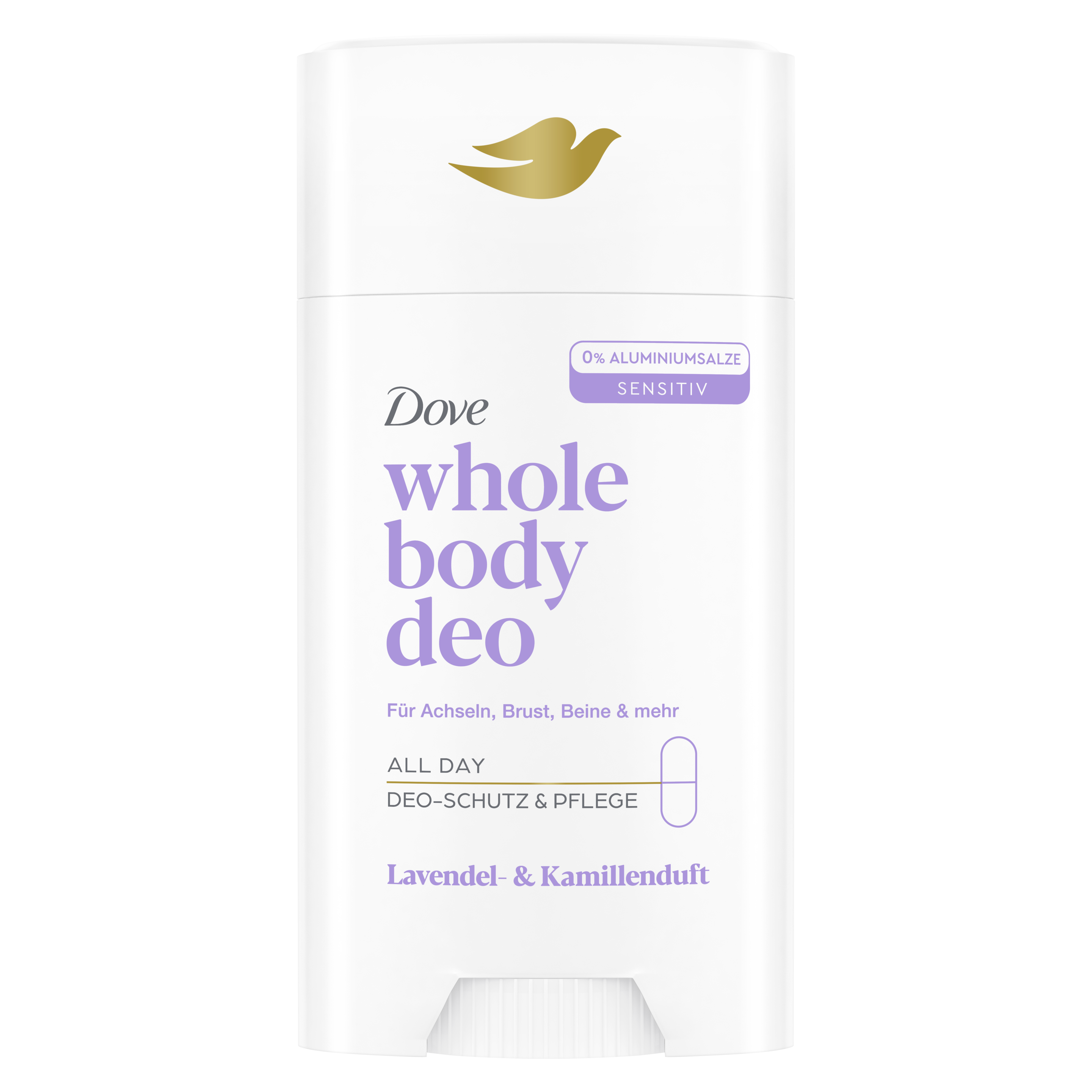 Dove Whole Body Deo-Stick mit Lavendel- & Kamillenduft in einem weiß-lilanen Design packshot