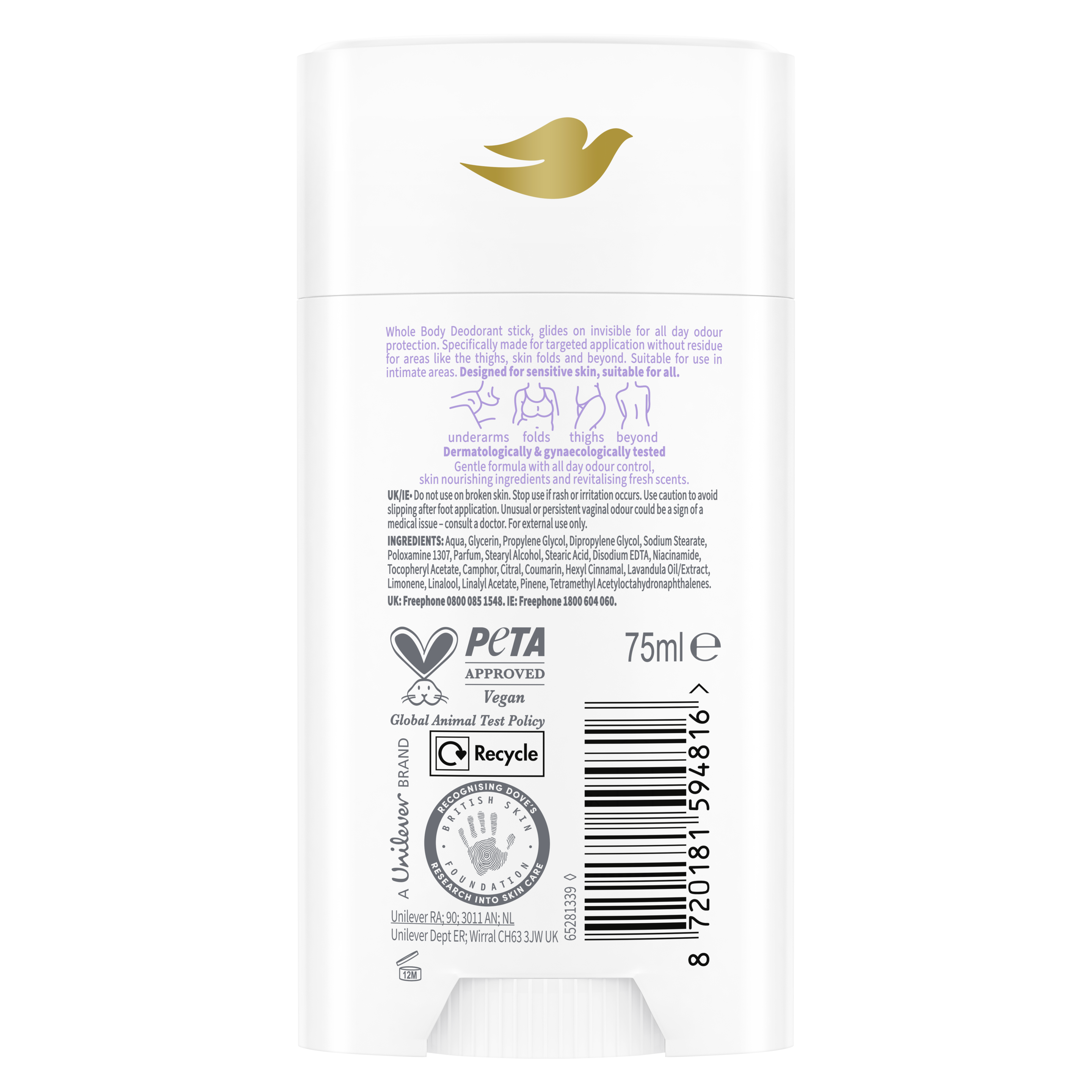 Dove  Lavender & Camomile 0% aluminium deodorant Whole Body Deodorant Stick for all-day odour control 6x 75 ml packshot