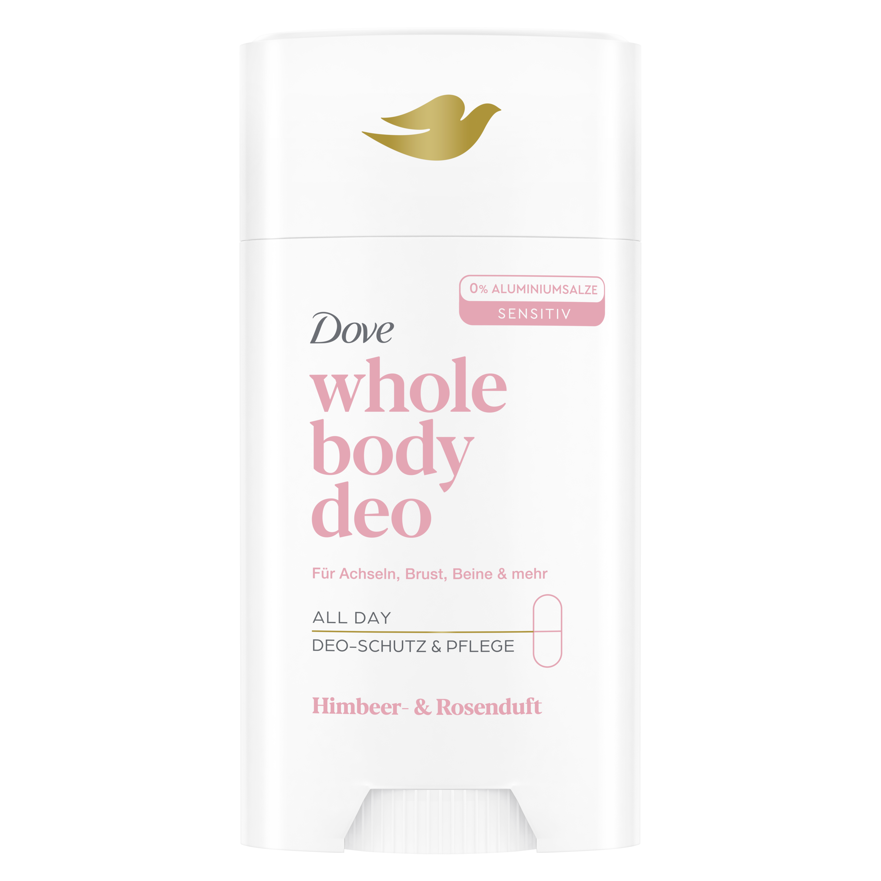 Dove Whole Body Deo-Stick mit Himbeer- & Rosenduft in einem weiß-rosanen Design packshot
