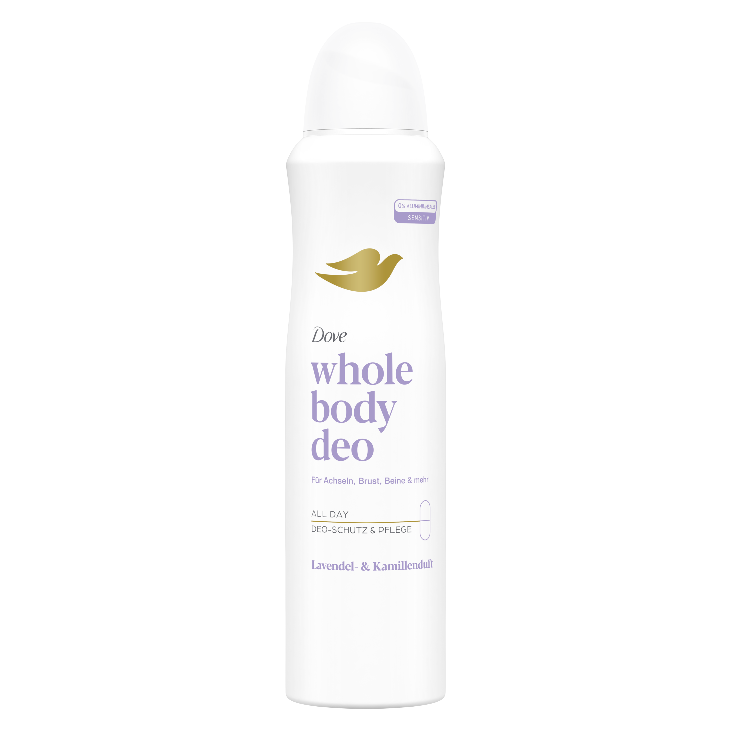 Dove Whole Body Deo Lavendel- & Kamillenduft in einem weiß-lilanen Design packshot
