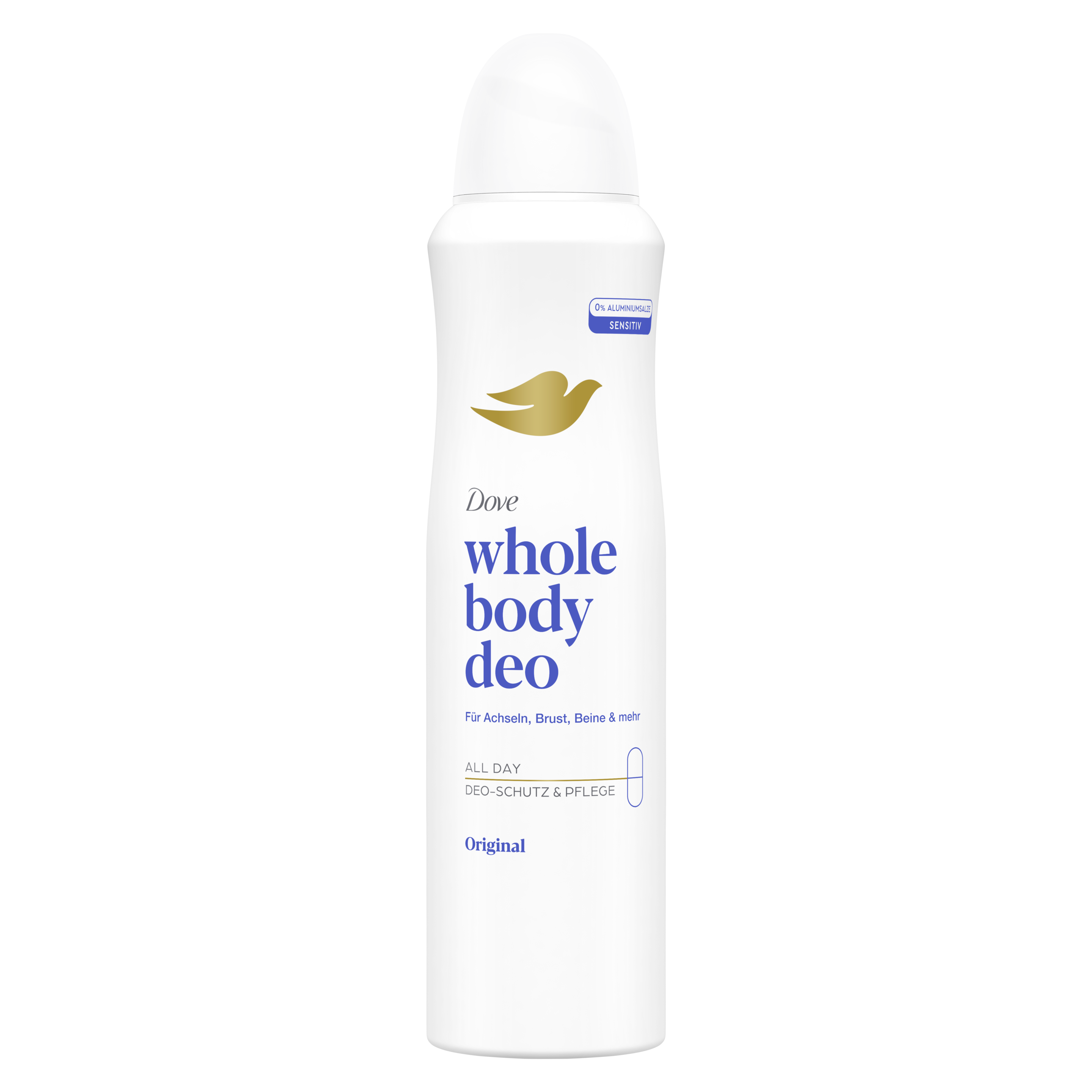 Dove Whole Body Deo Original in einem weiß-blauen Design packshot