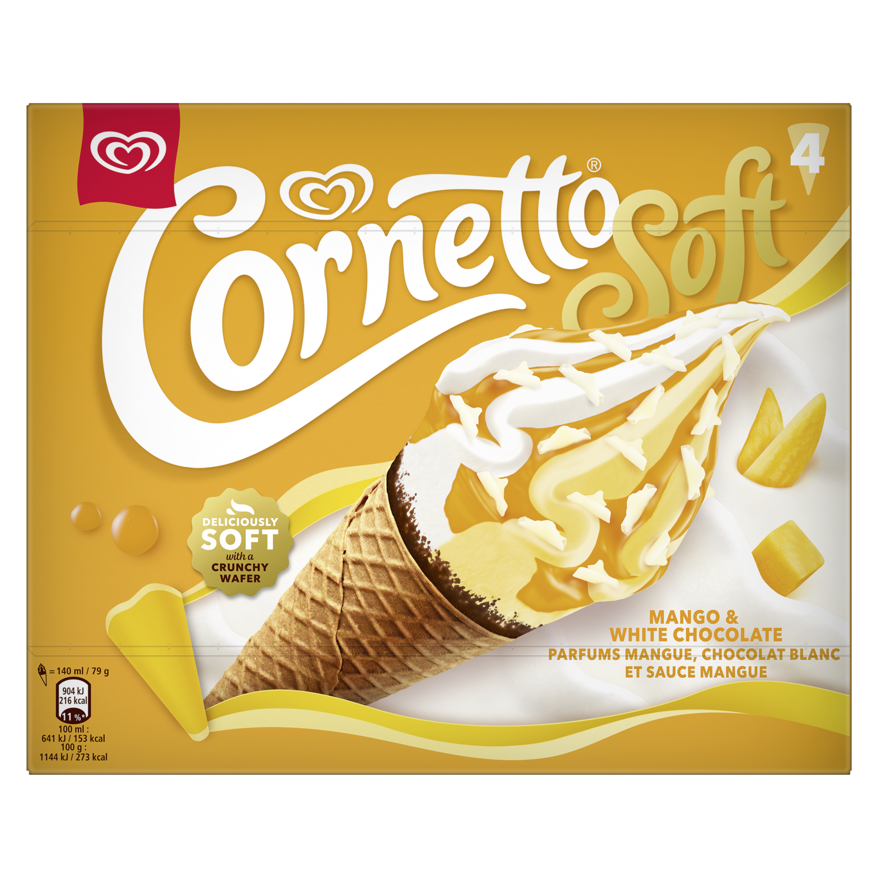 Cornetto Soft Ice Cream Cones Mango & White Chocolate 4x 140 ml packshot