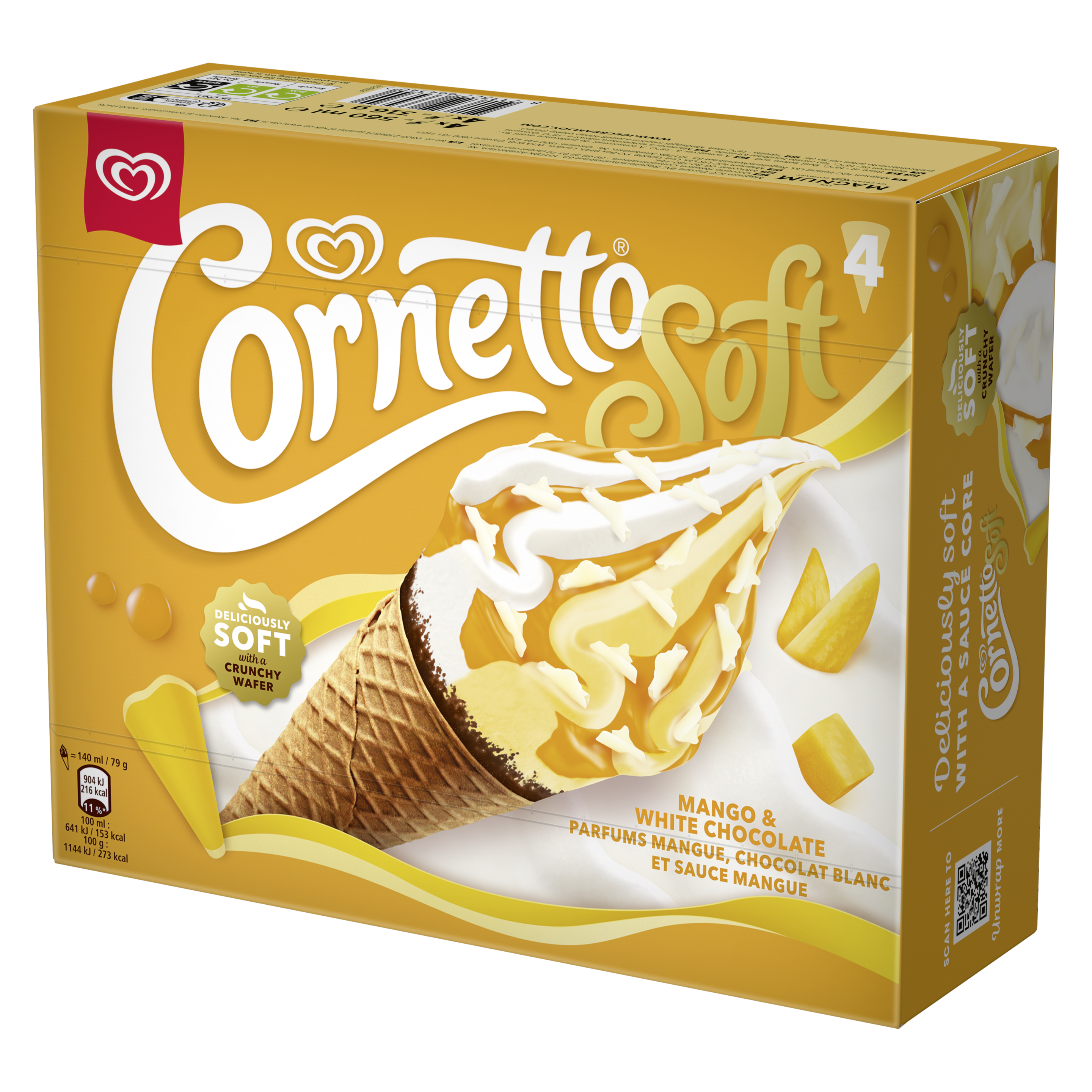 Cornetto Soft Glace à l''Italienne Mangue & Chocolat Blanc 4x140ml packshot
