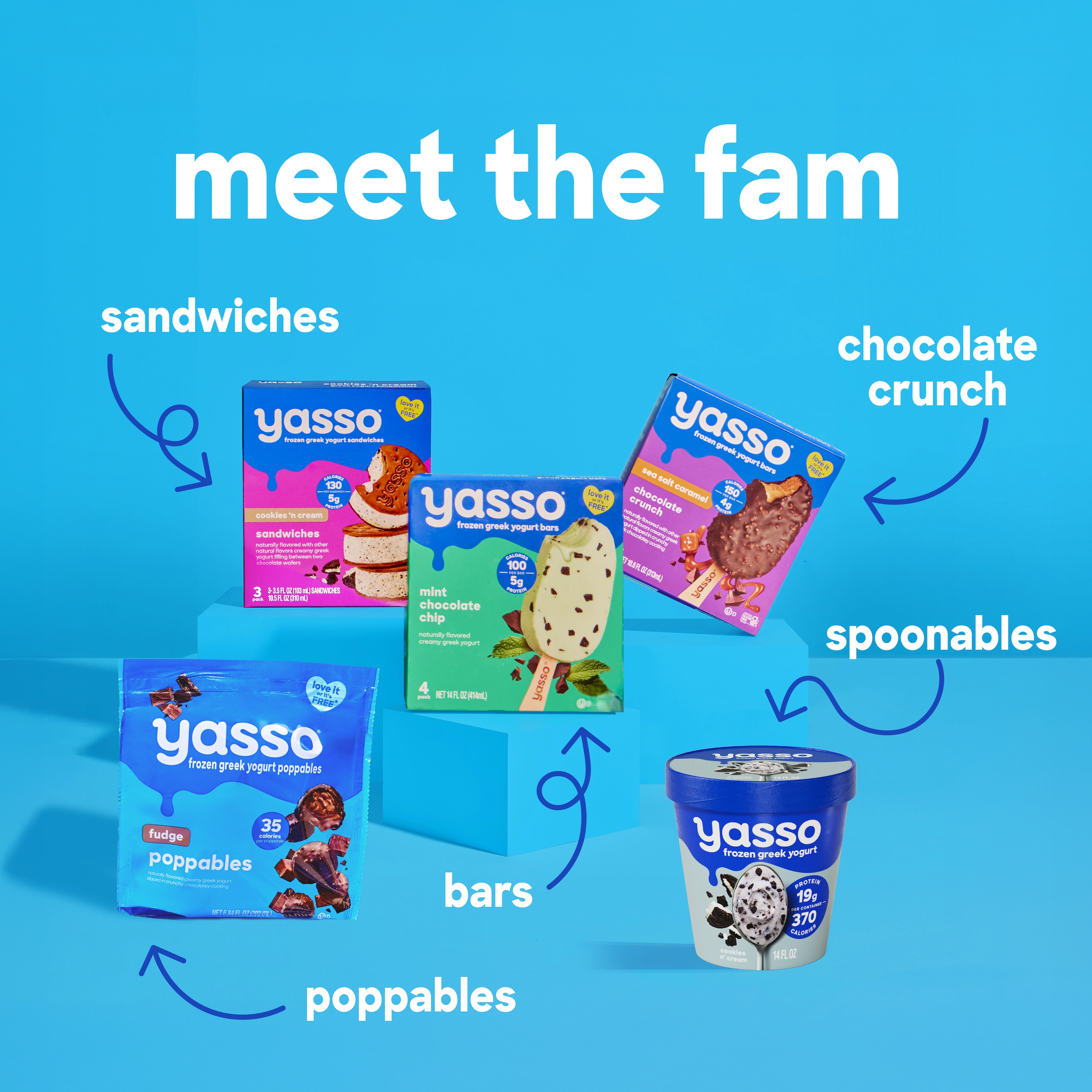 A Meet the fam shot of all Yasso products against a blue background