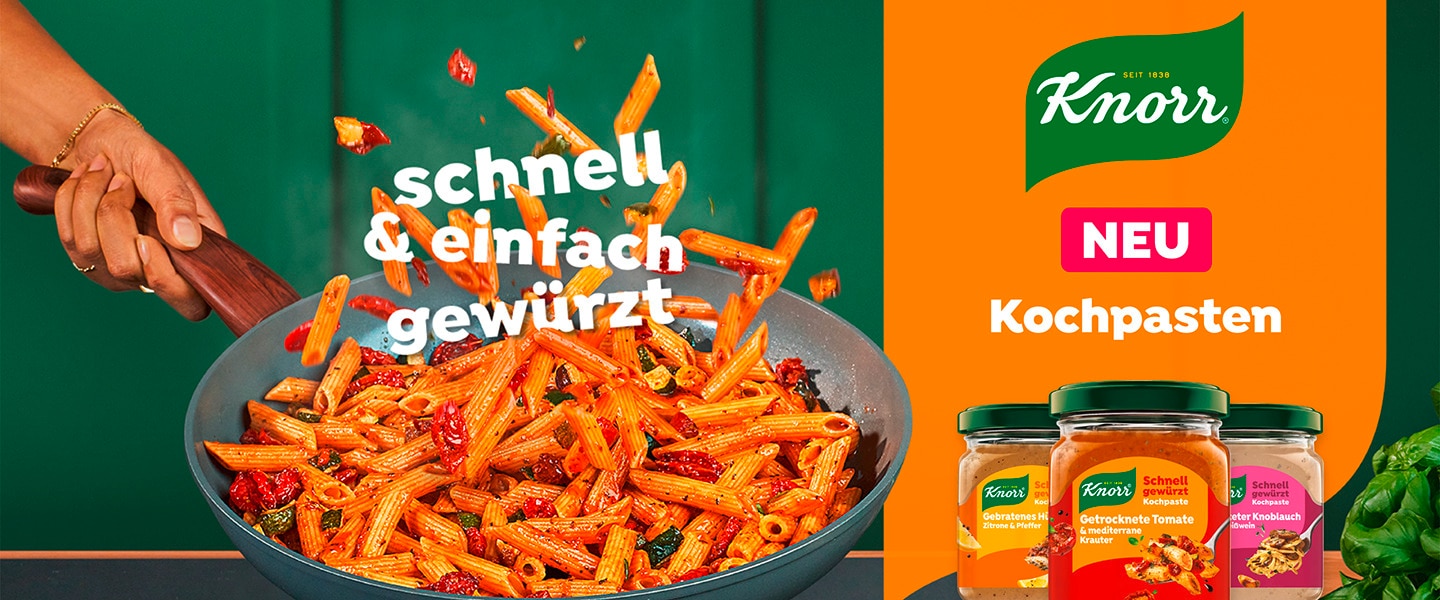 Knorr Kochpasten Priodukte und Pfanne mit Nudeln