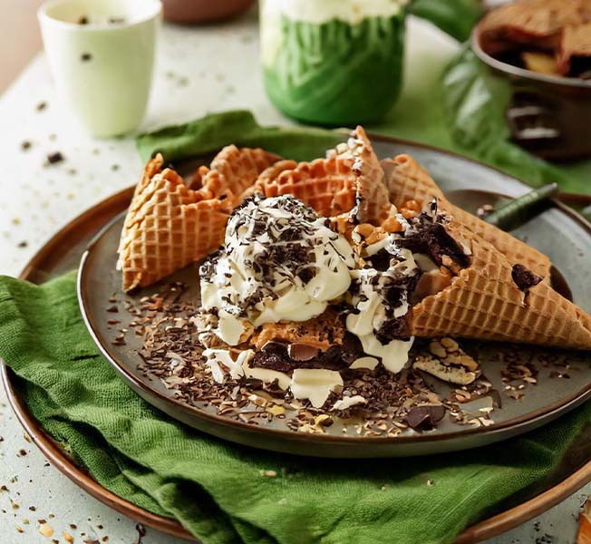 Broken pieces of waffle cone and ice cream