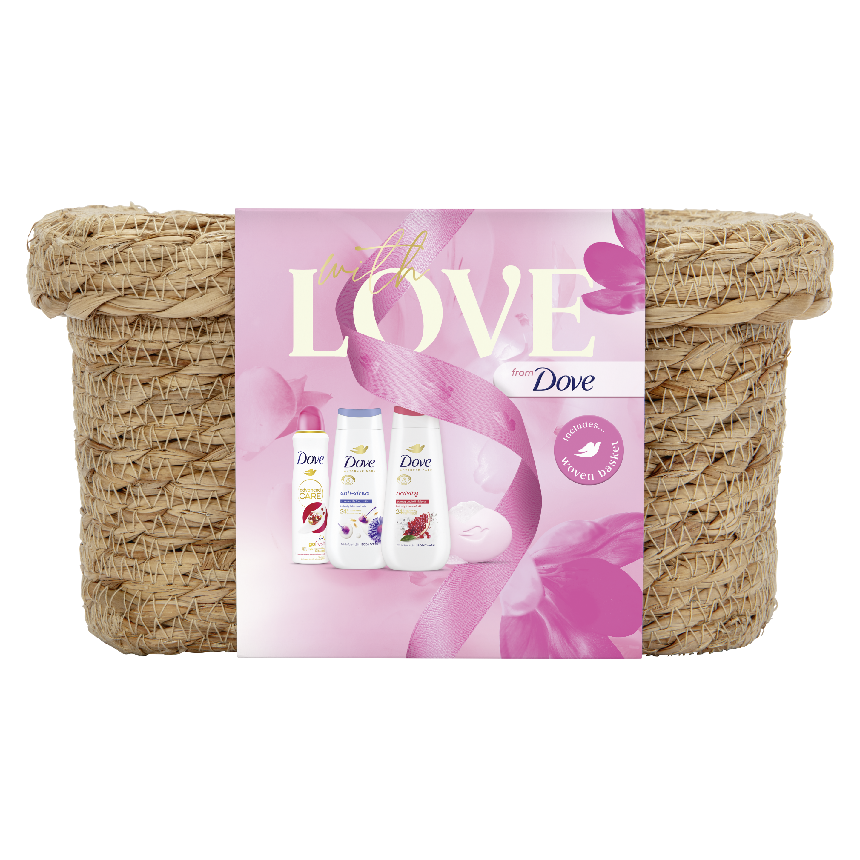 Dove with Love Awaken Treats with two body washes, an anti-perspirant, a beauty bar and an exclusive woven basket Gift Set perfect gifts for her 4 piece packshot