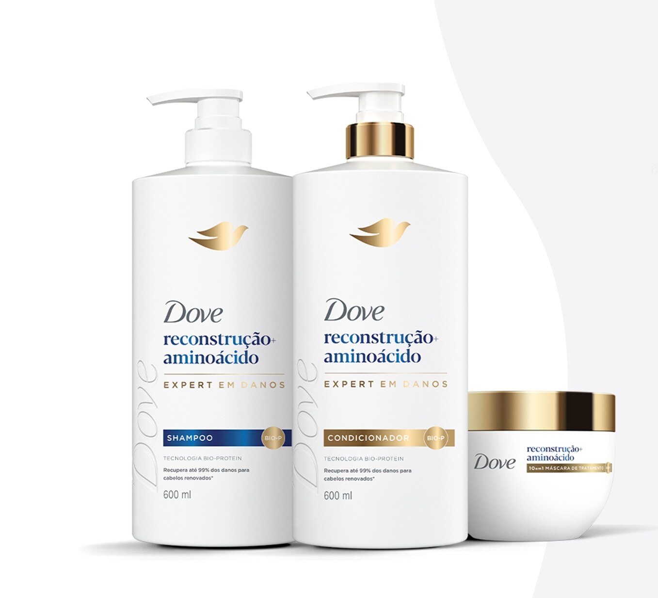 Embalagem frontal do shampoo, condicionador e máscara capilar Dove Reconstrução + Aminoácido