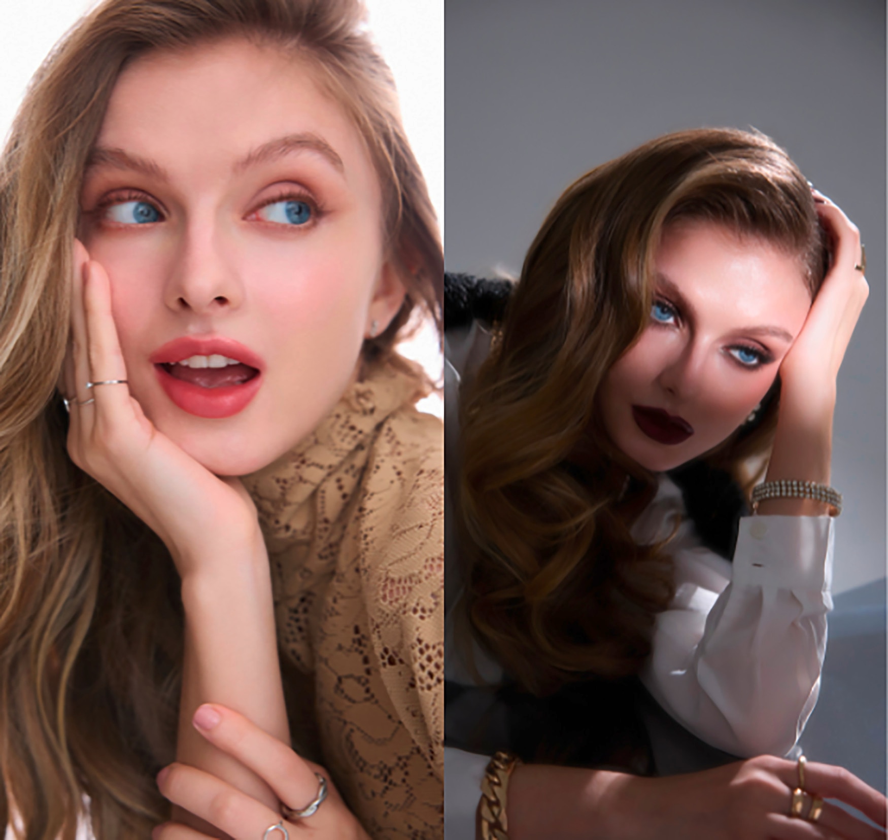 Model wearing natural makeup and subtle smokey eyes.