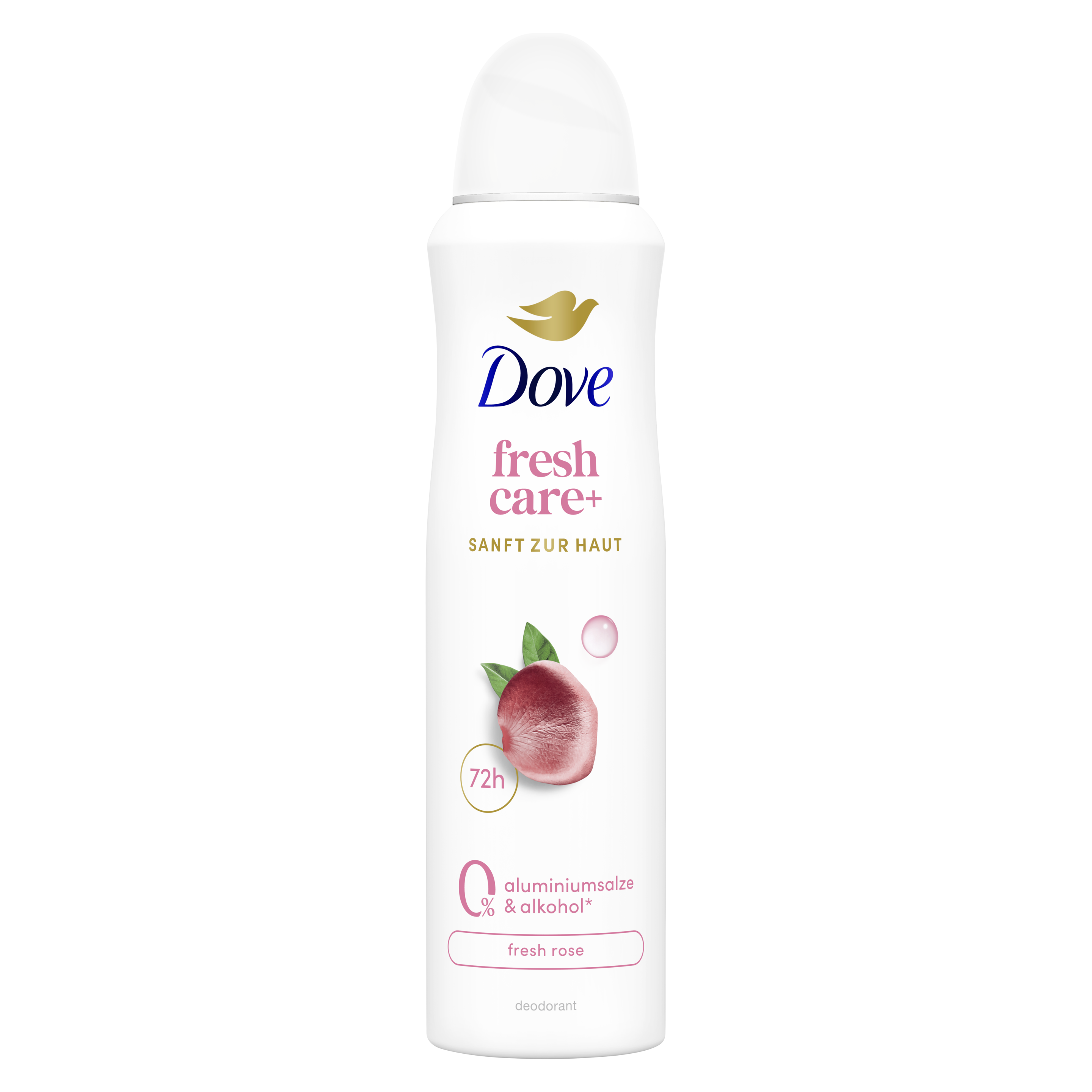 Dove Fresh Care+ Fresh Rose mit antibakteriellem Zink-Komplex Deodorant Spray in einem weiß-Design mit Rosenblatt-Ingredient packshot