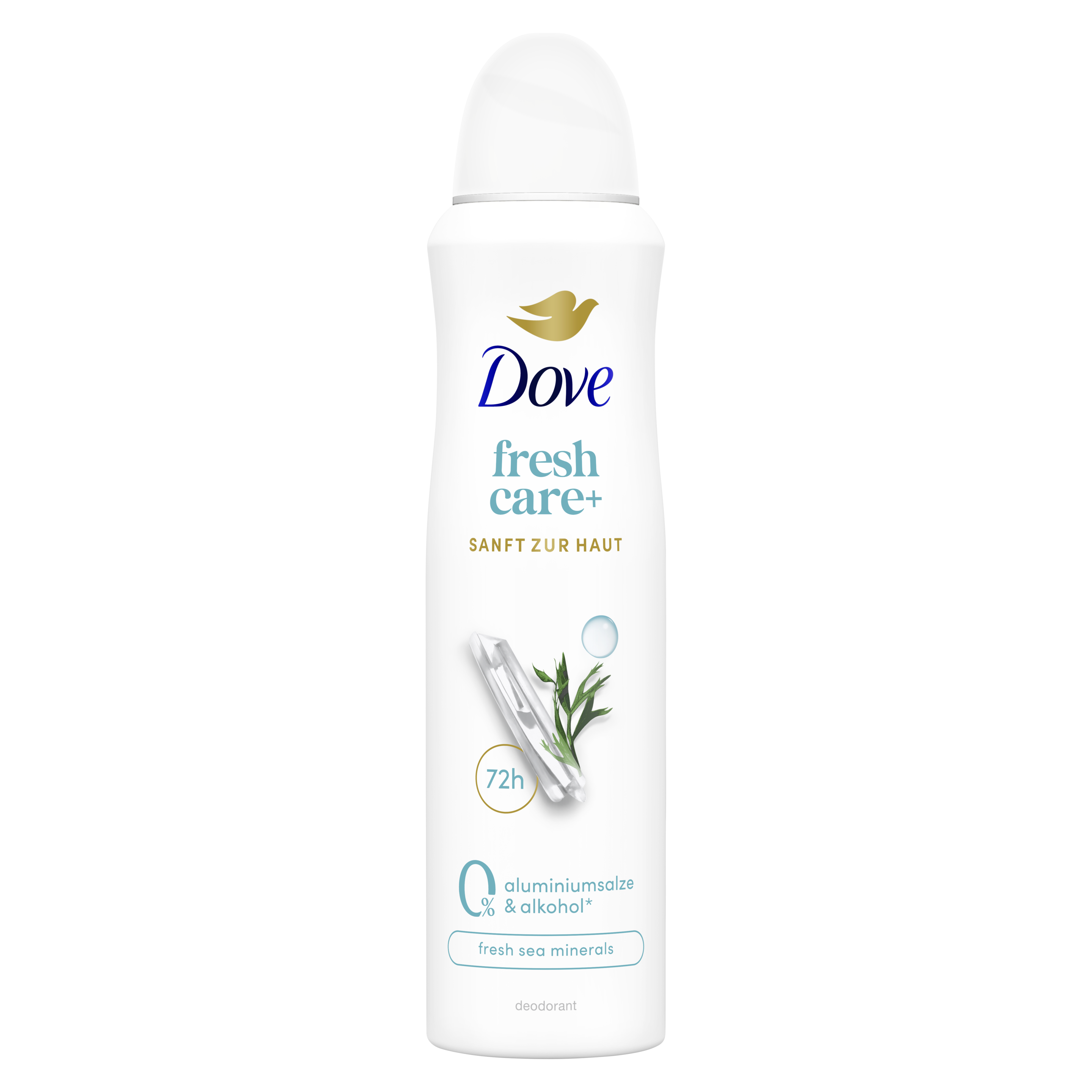 Dove Fresh Care+ Fresh Rose mit antibakteriellem Zink-Komplex Deodorant Spray in einem weiß-Design mit blau-transparentem Meeresmineraleien Ingredient packshot