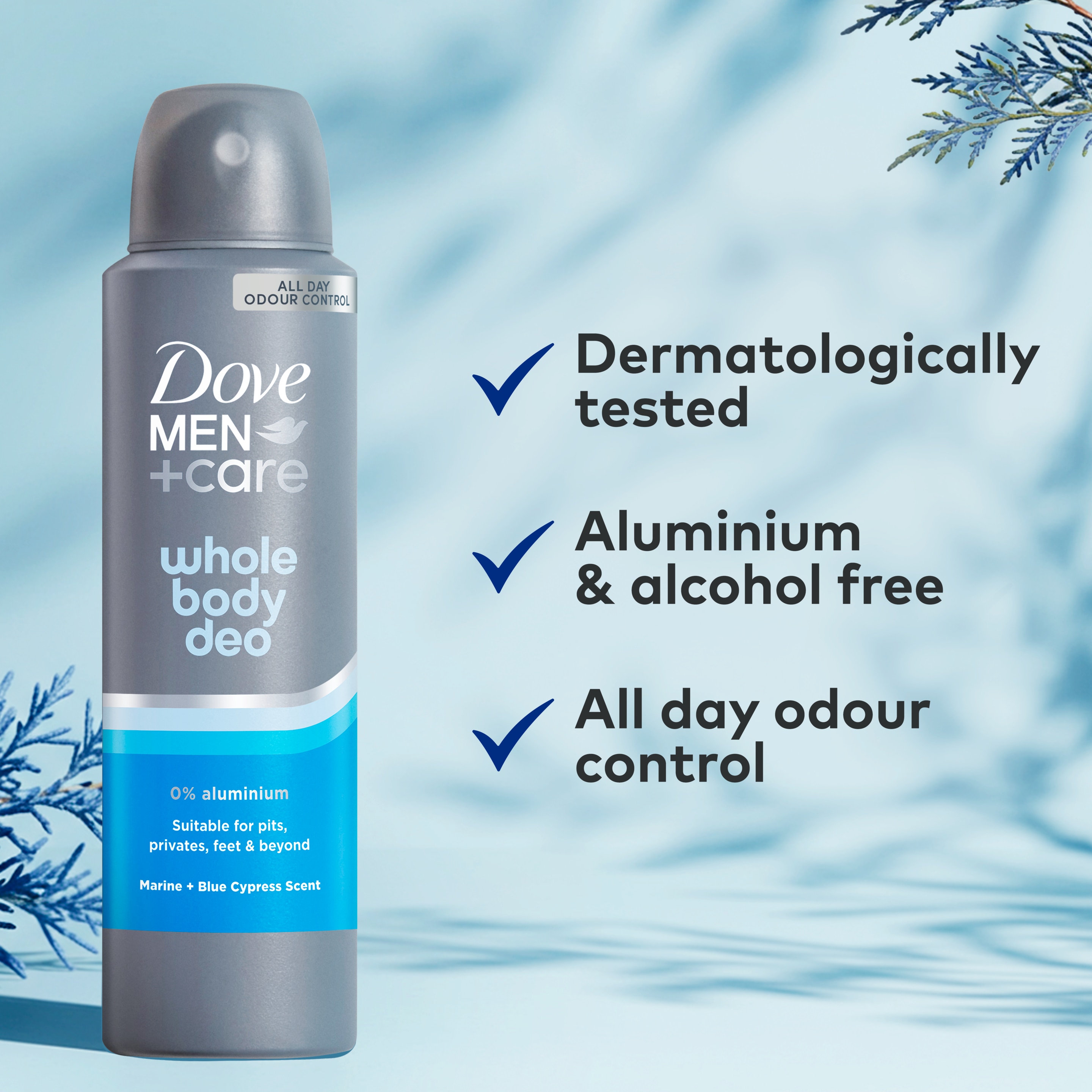 Dove Men+Care Marine & Blue Cypress 0% aluminium and alcohol-free aerosol Whole Body Deodorant Spray for all-day odour control 150 ml packshot