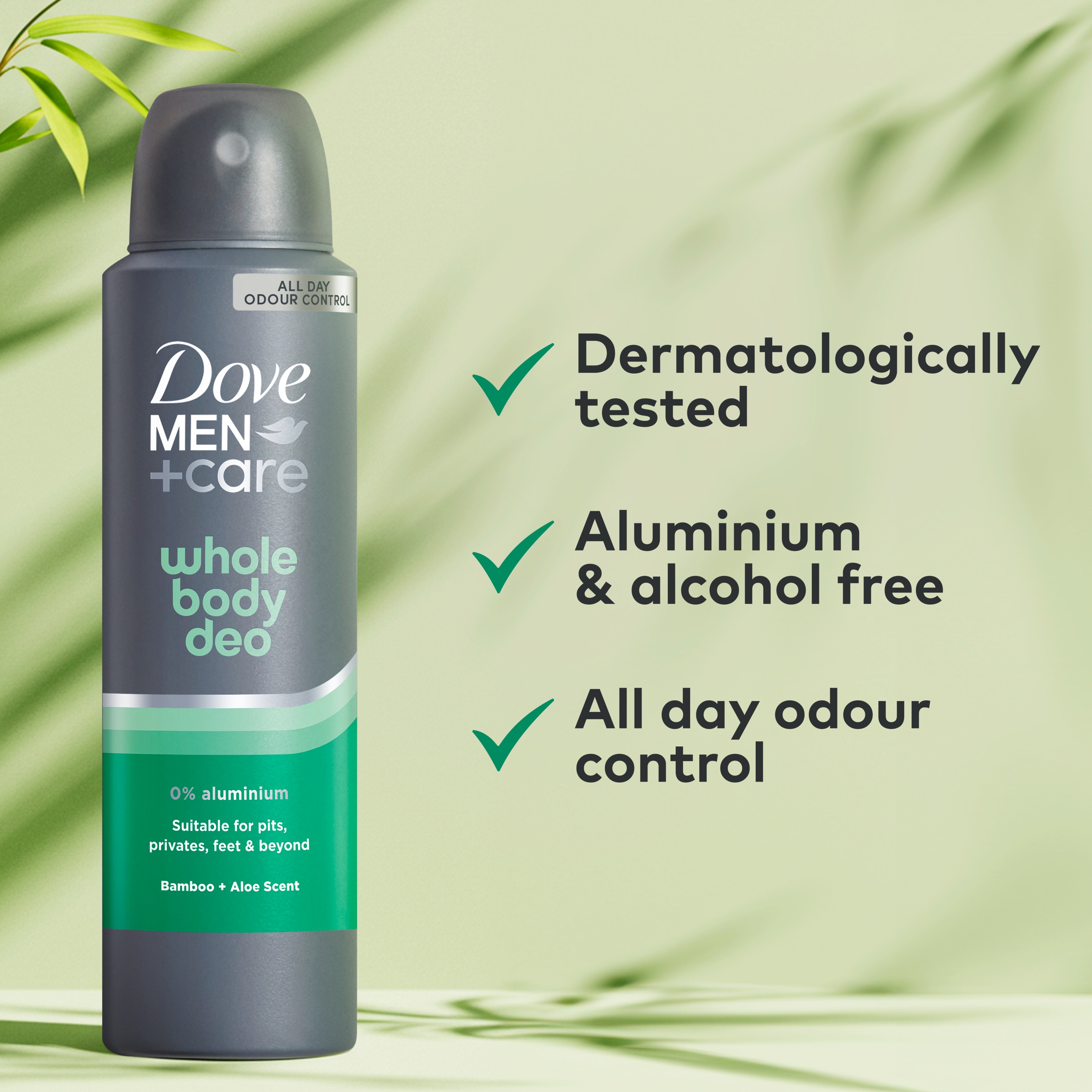 Dove Men+Care Bamboo & Aloe 0% aluminium and alcohol-free aerosol Whole Body Deodorant Spray for all-day odour control 150 ml packshot