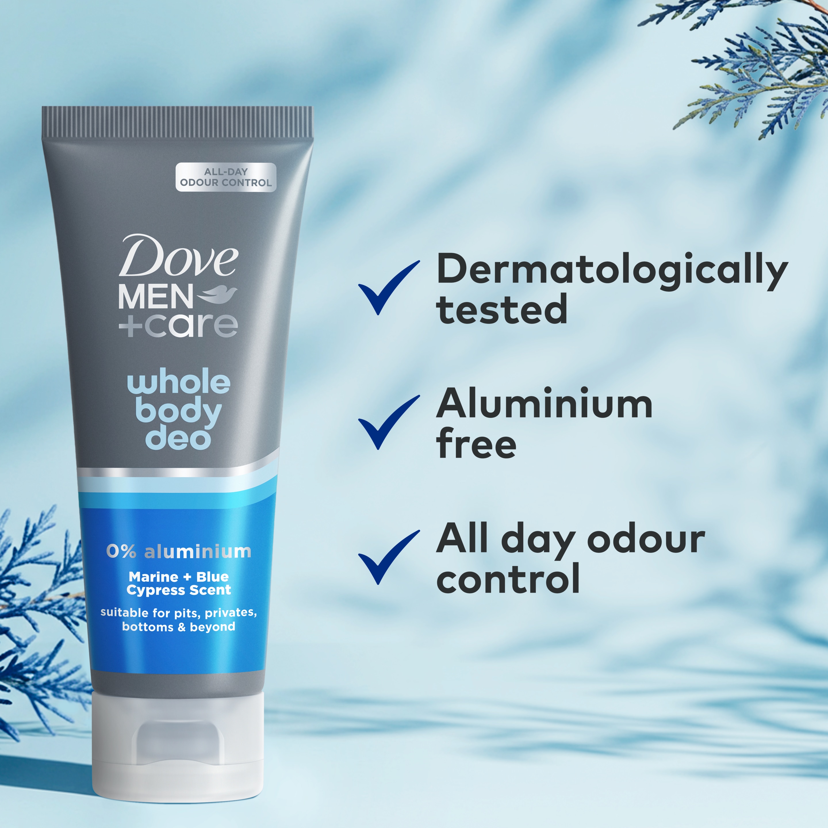 Dove Men+Care Marine & Blue Cypress 0% aluminium deodorant for men Whole Body Deodorant Cream for all-day odour control 75 ml packshot