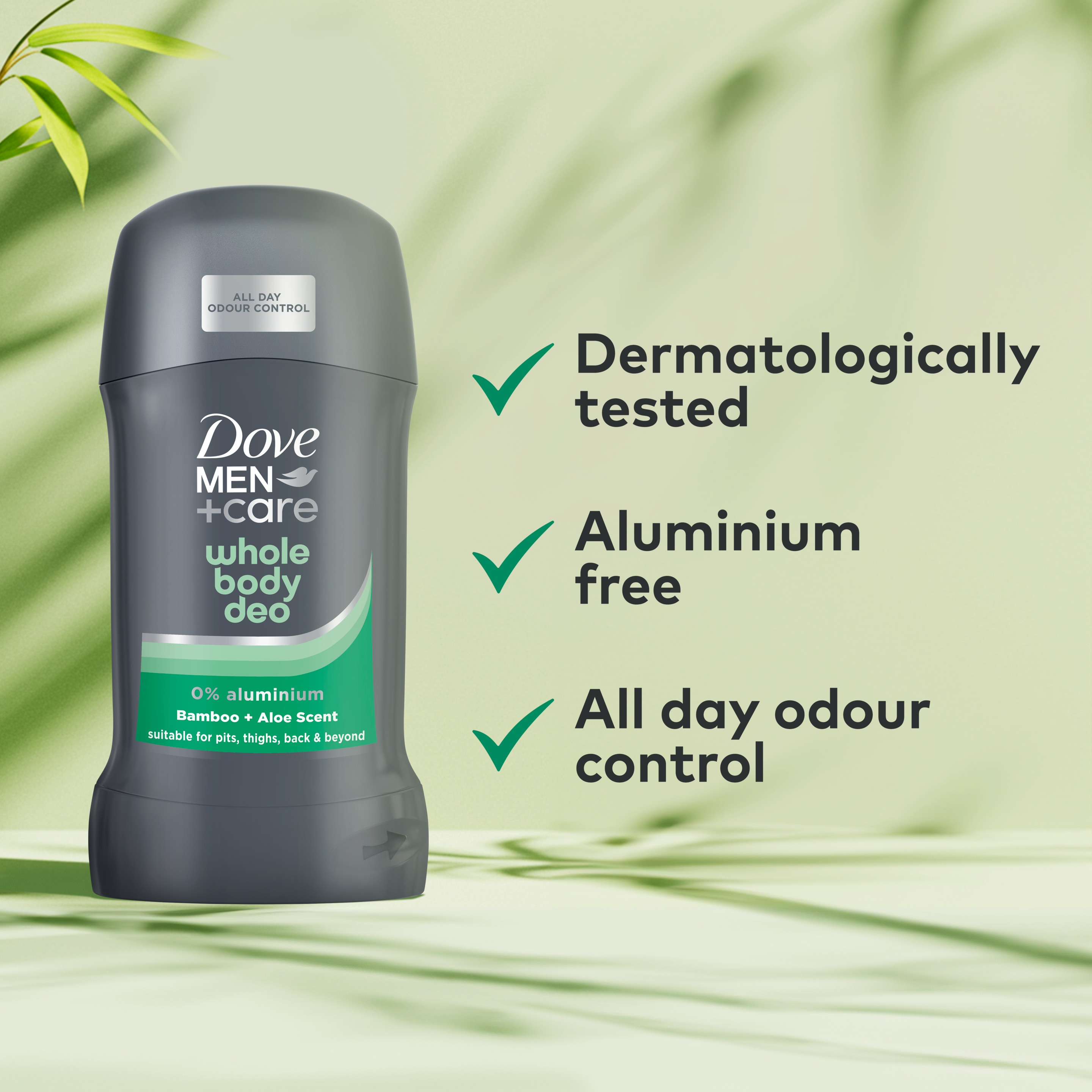 Dove Men+Care Bamboo & Aloe 0% aluminium deodorant Whole Body Deodorant Stick for all-day odour control 50 ml packshot