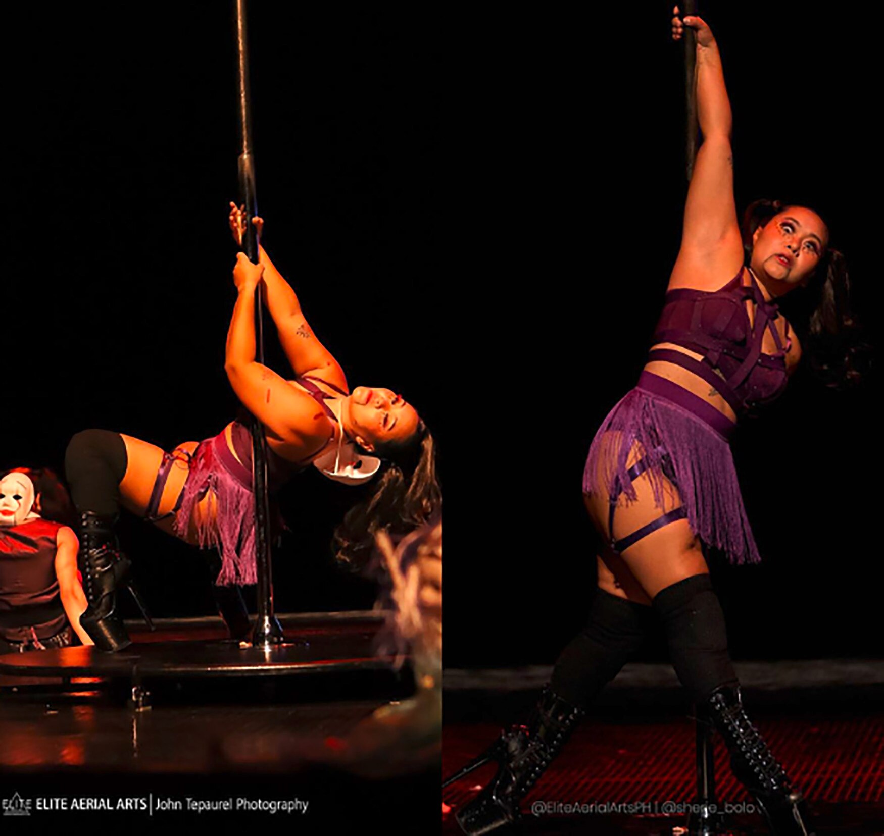 Woman in doll-like makeup in pole dance performance.