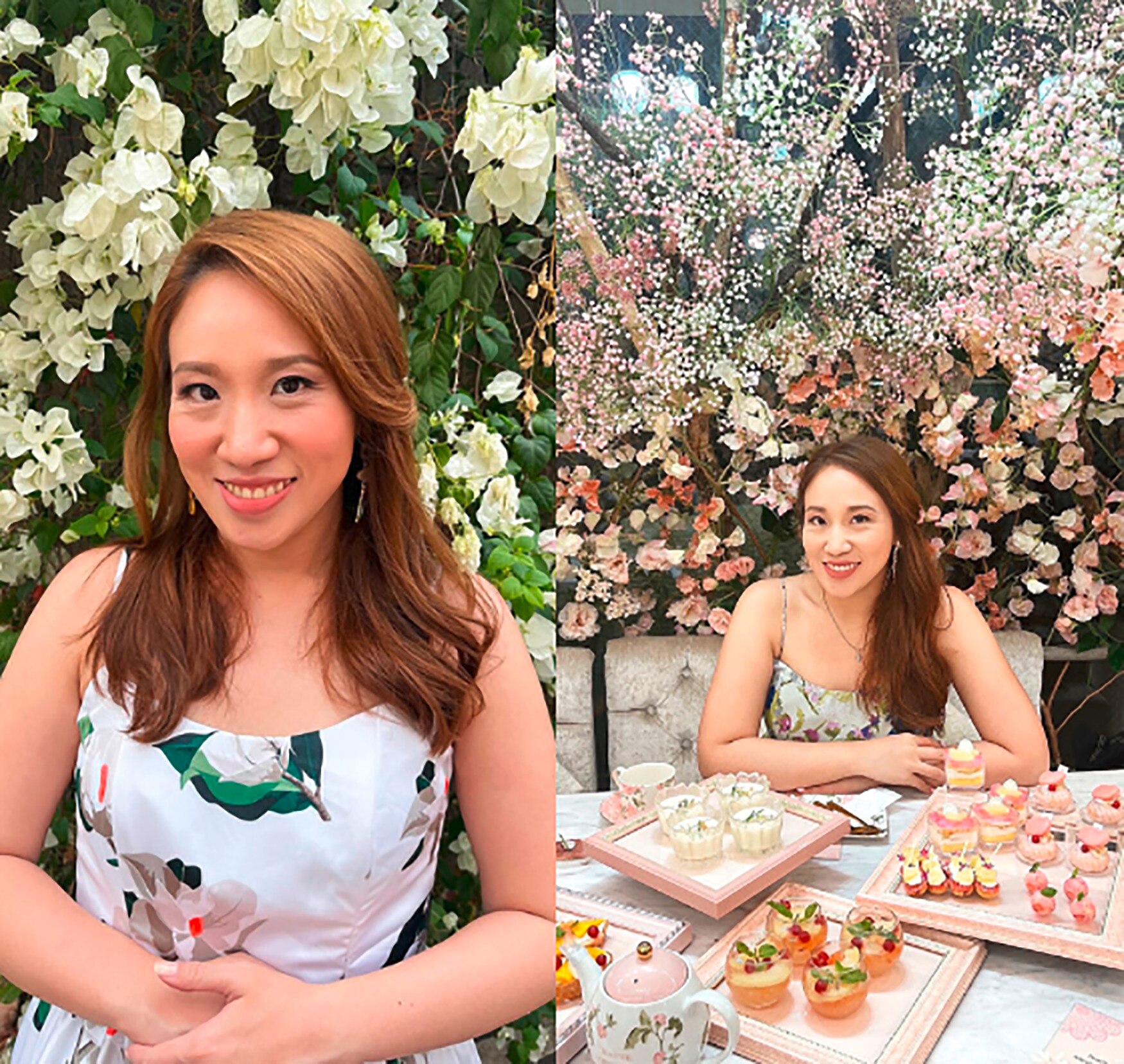 Woman in full makeup and a floral dress sitting across buffet of pastries.