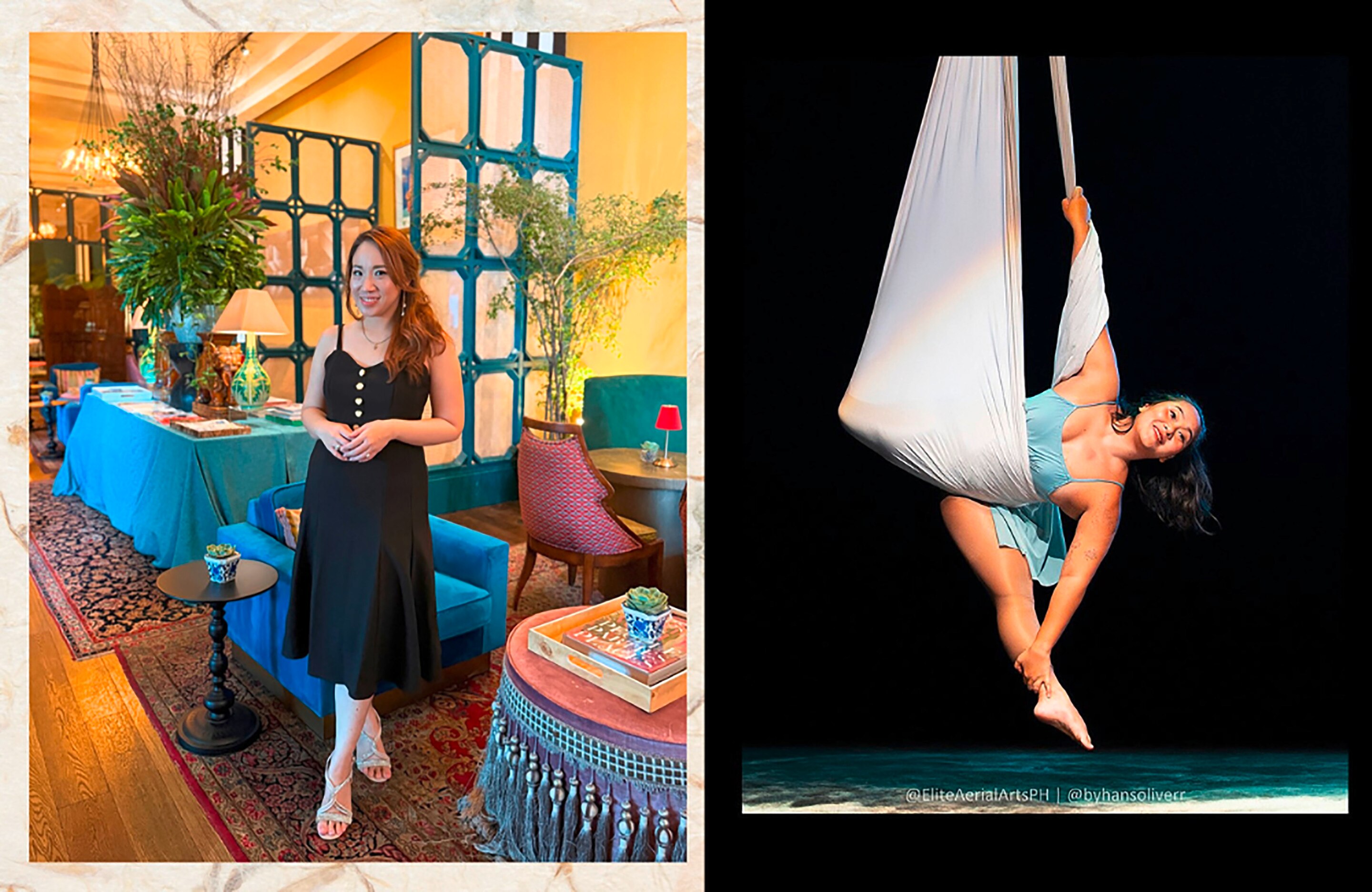 Woman at an event and woman in pole dance performance.