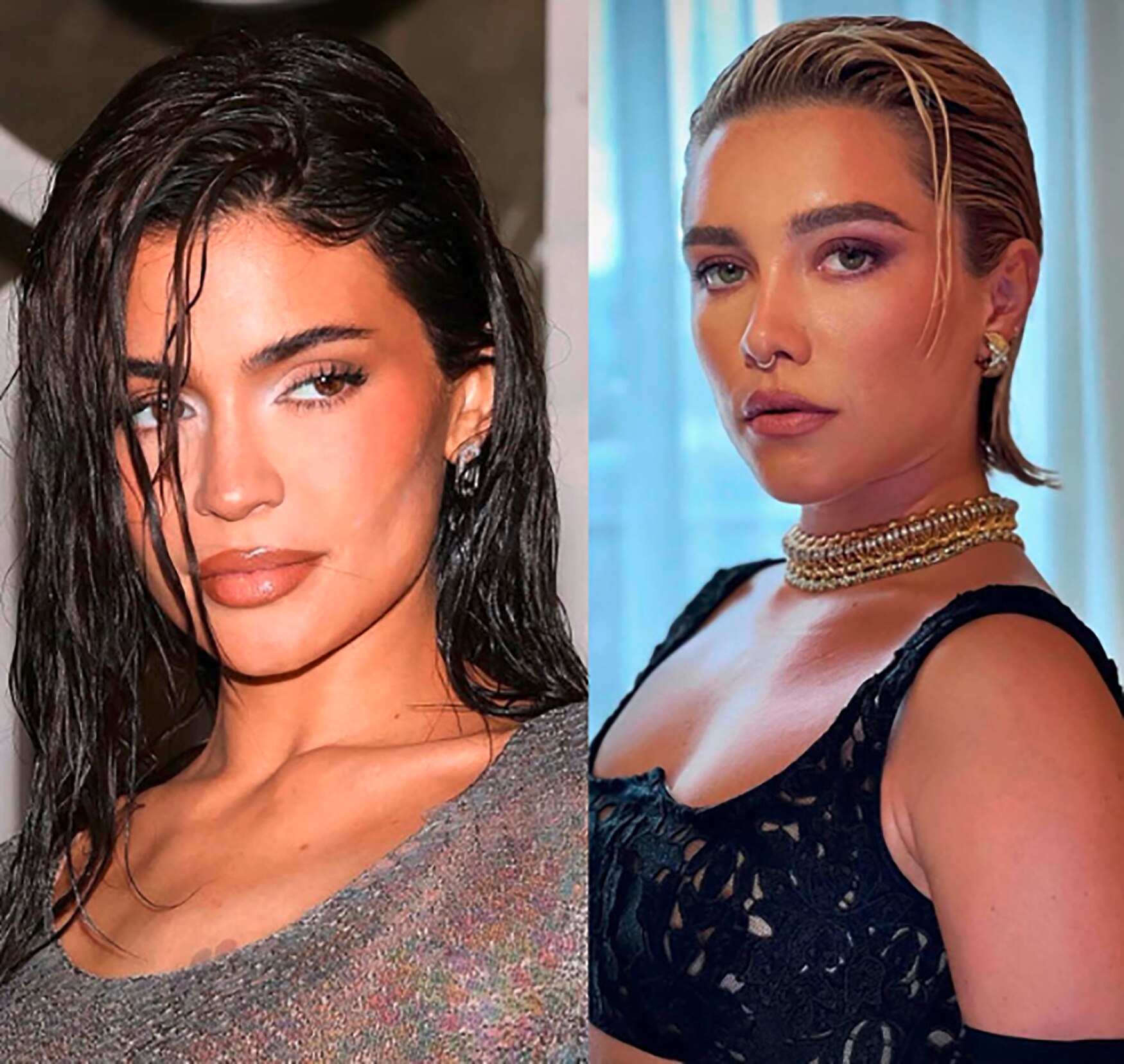 Kylie Jenner and Florence Pugh are wearing the wet hairstyle trend.