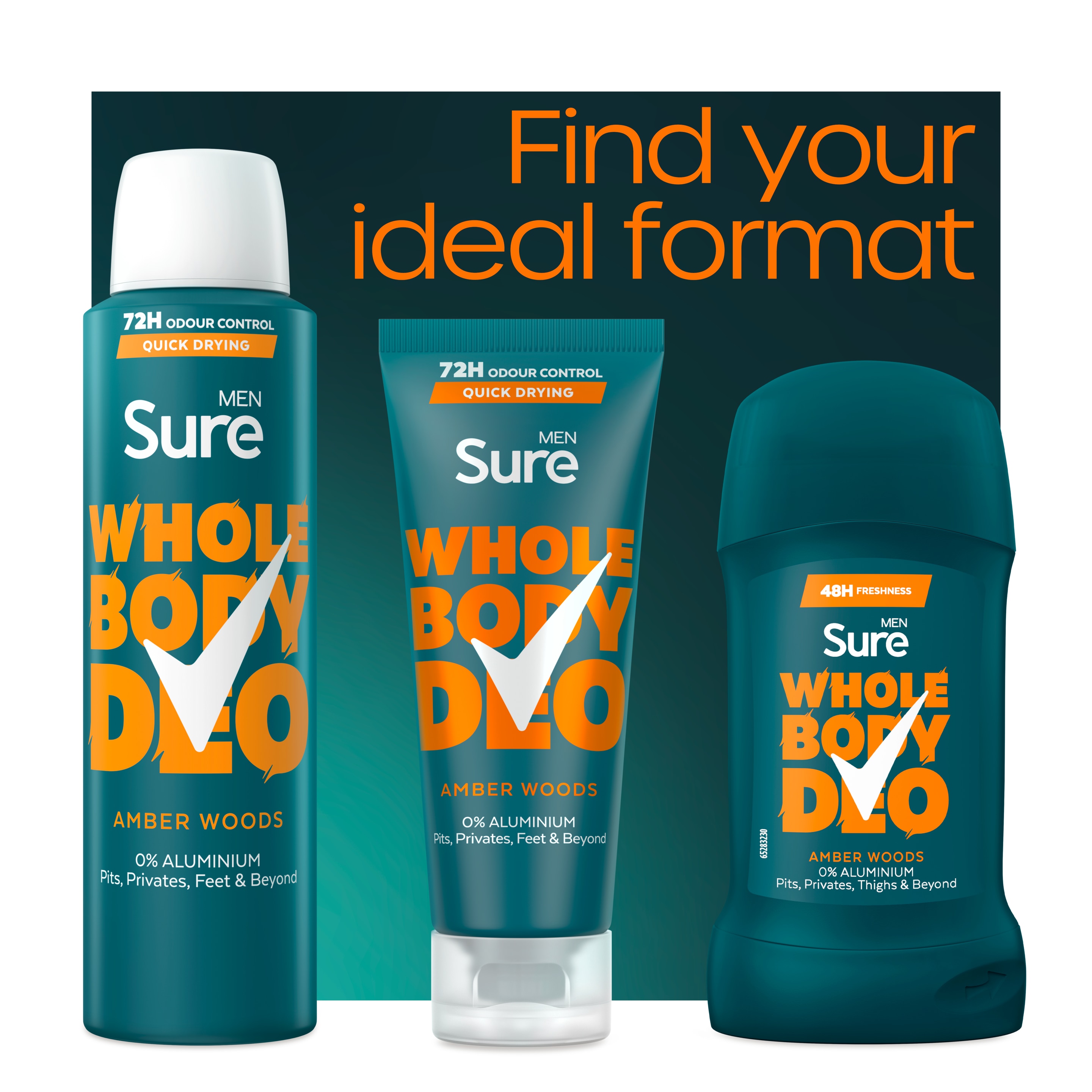 Sure Men Amber Woods men's deodorant stick with a warm & woody fragrance Whole Body Deodorant for 48-hour odour control 6x 50 ml packshot